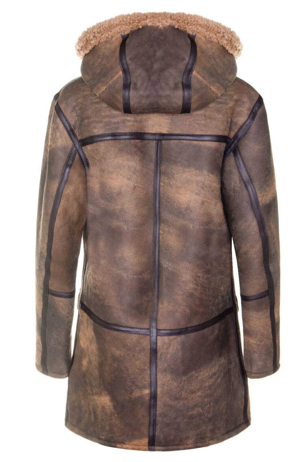 Infinity Leather Herren Dufflecoat aus Antikbraunem Schaffell-Leder, Neuer Winter, Echtes Lammfell