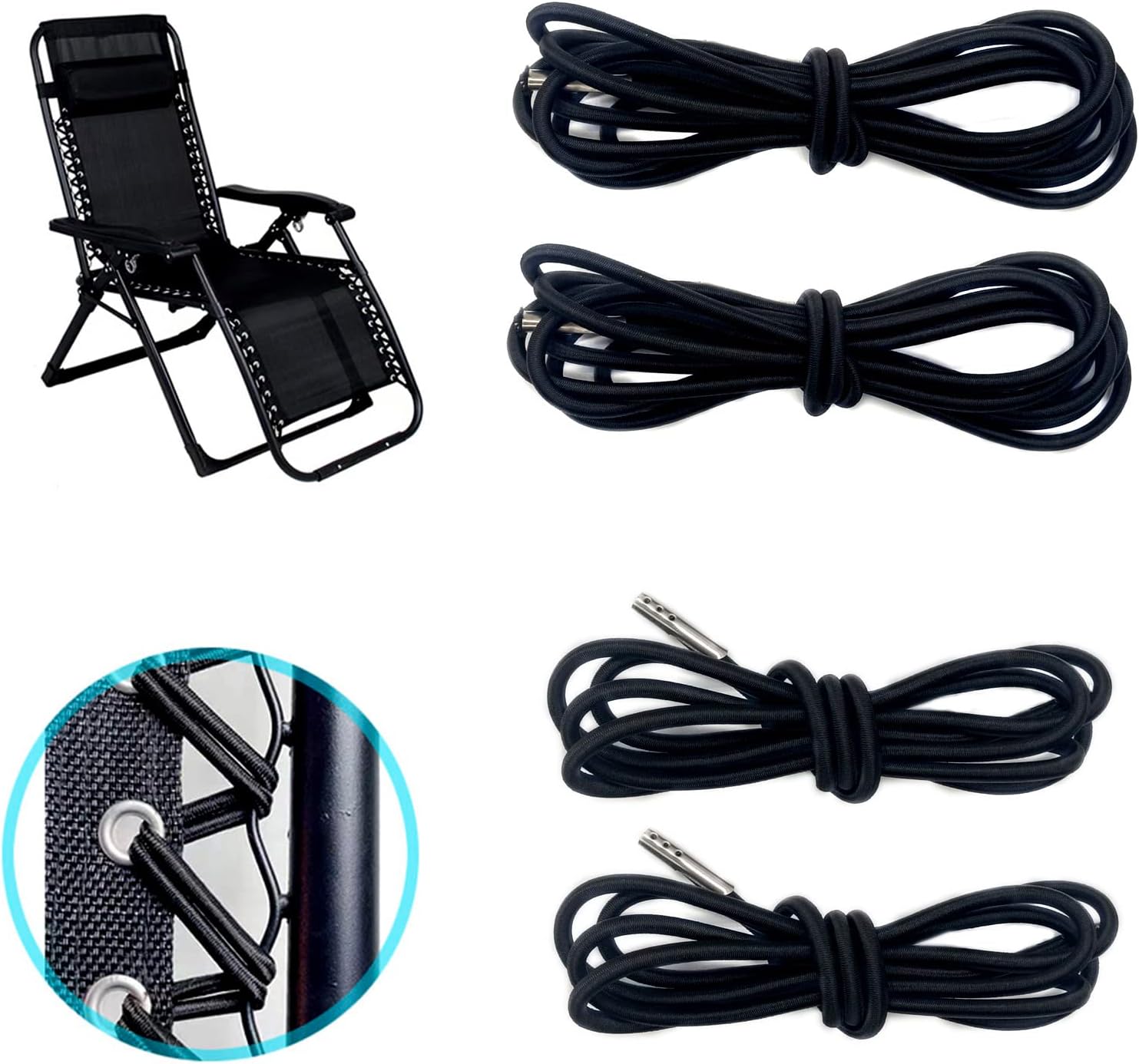 BlingKingdom 4pcs Black Replacement Cord for Zero Gravity Chair Universal Elastic Chair Repair Cord Ties Kit for Sun Loungers, Garden Chairs, Outdoor Recliners, Folding Chairs, Bungee Chairs