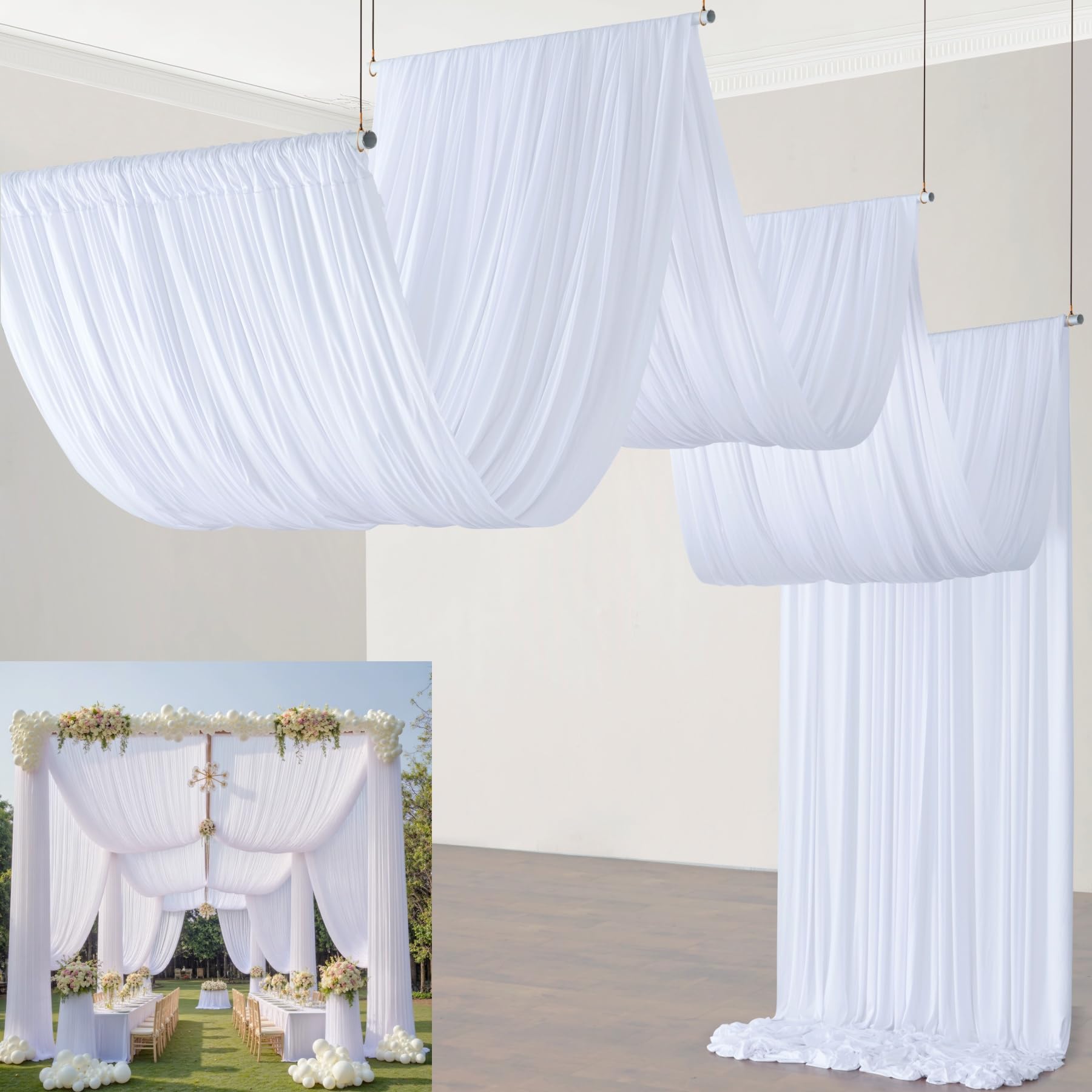 4 Paneele weiße Hochzeitsvorhänge, faltenfrei, Stoff-Baldachin, Deckenvorhänge für Zeremonie, Geburtstag, Themenpartys, mit Stangentasche