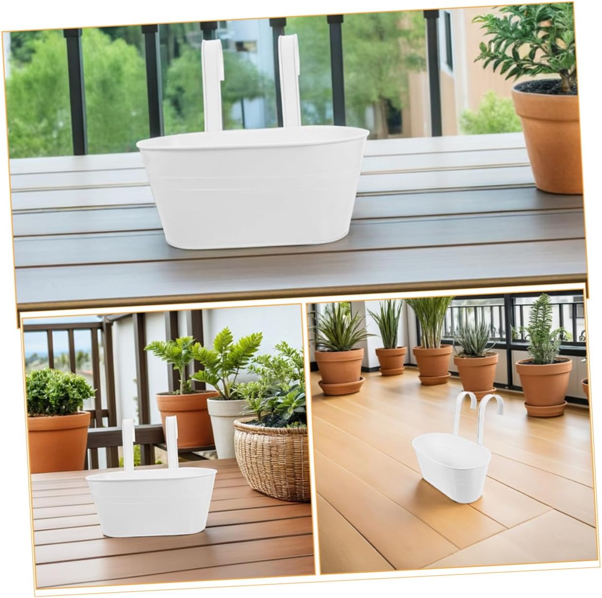 SEWACC 3pcs White Wrought Iron Hanging Planters with Detachable Handles, Oval Metal Flower Pots 27x14.5cm for Balcony, Patio, Garden Fence Railings
