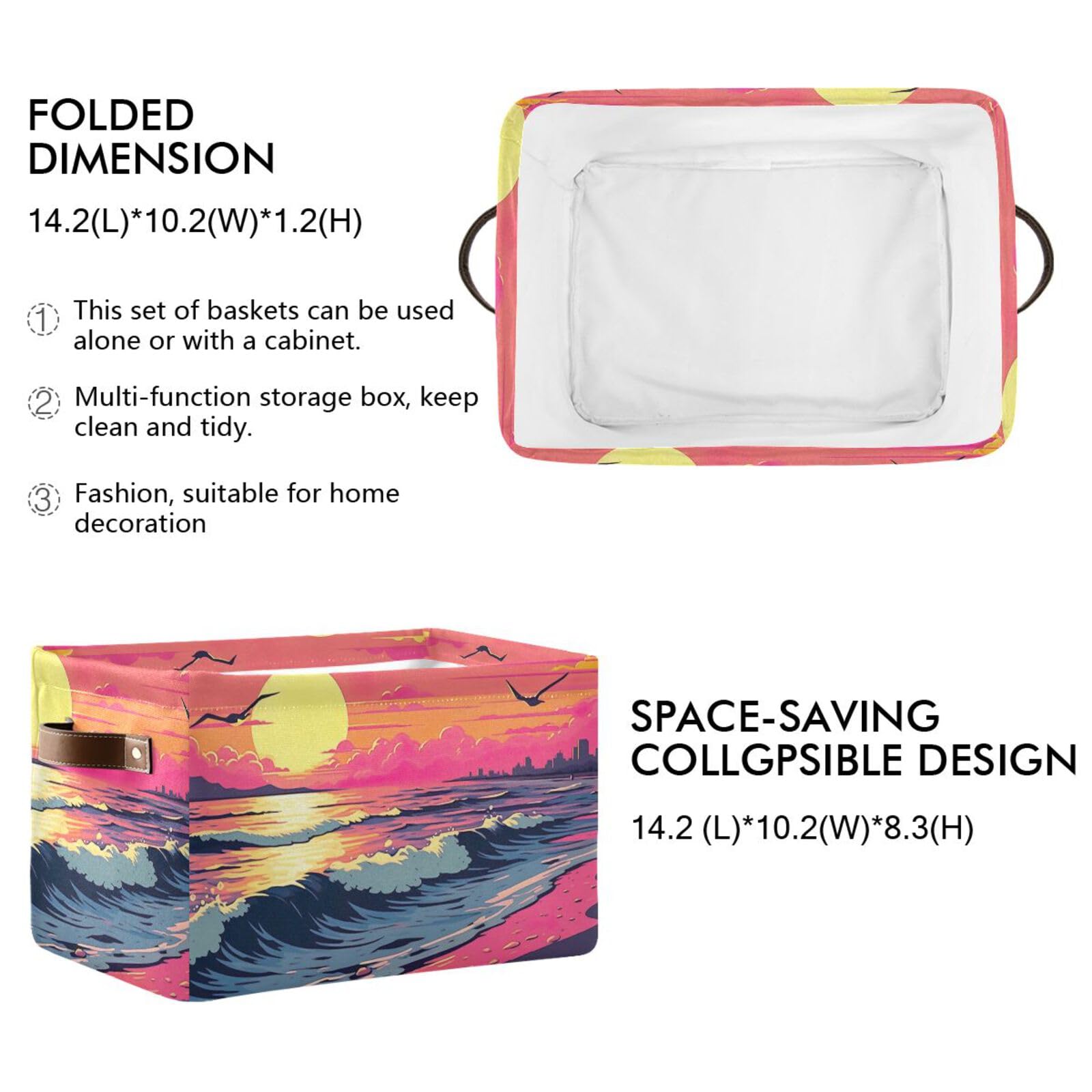 PaChyLuu Sunset Beach Seagulls Storage Basket Bin Canvas Fabric Organizer Toys Basket with Handles for Home Office Nursery, Clothes, Gifts, 2 Pcs