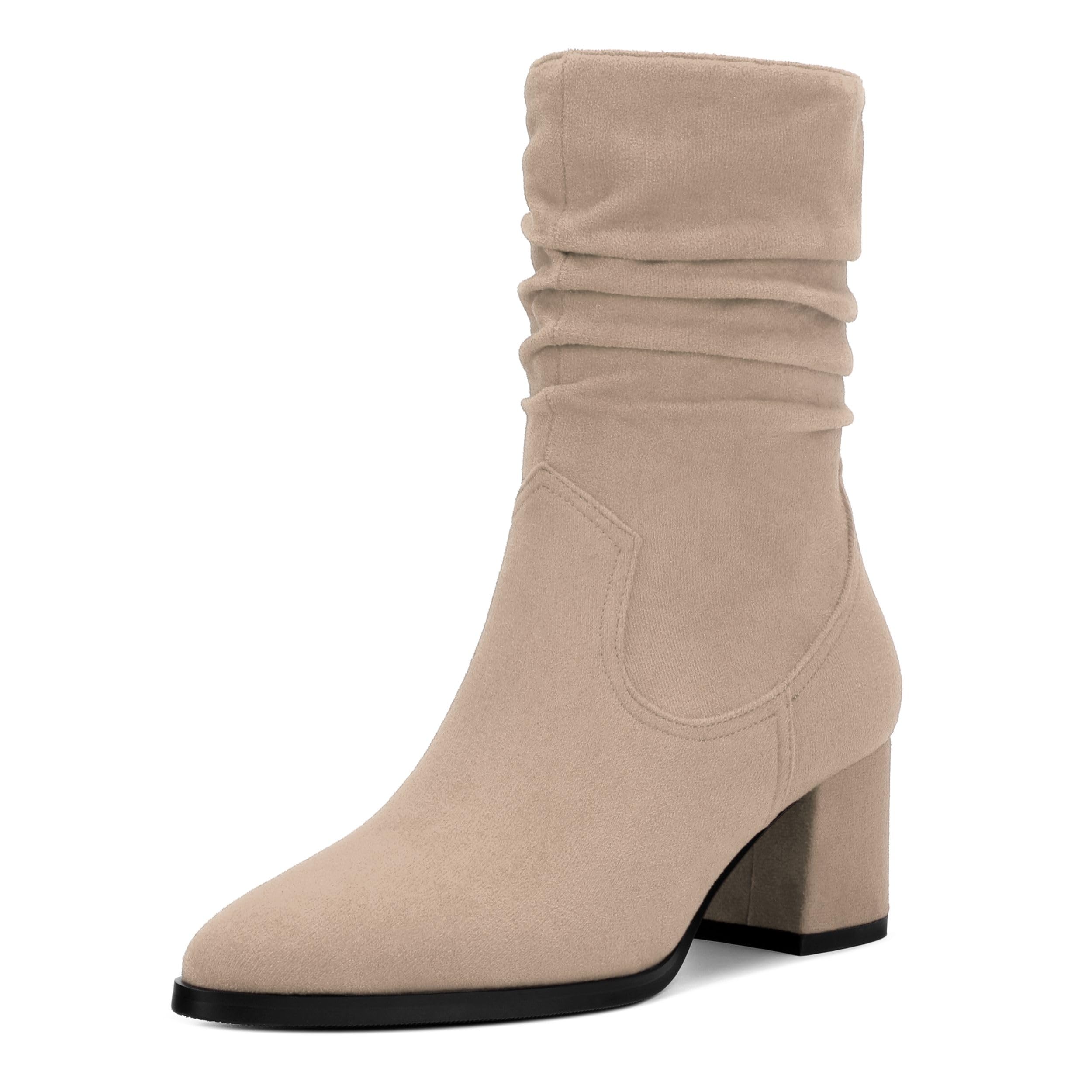 CDXJHYMY Women's Mid Calf Boots - Chunky Heel Pleated Calf Boots with Side Zipper, Pointed Toe, Perfect for Workplace, Street and Banquet