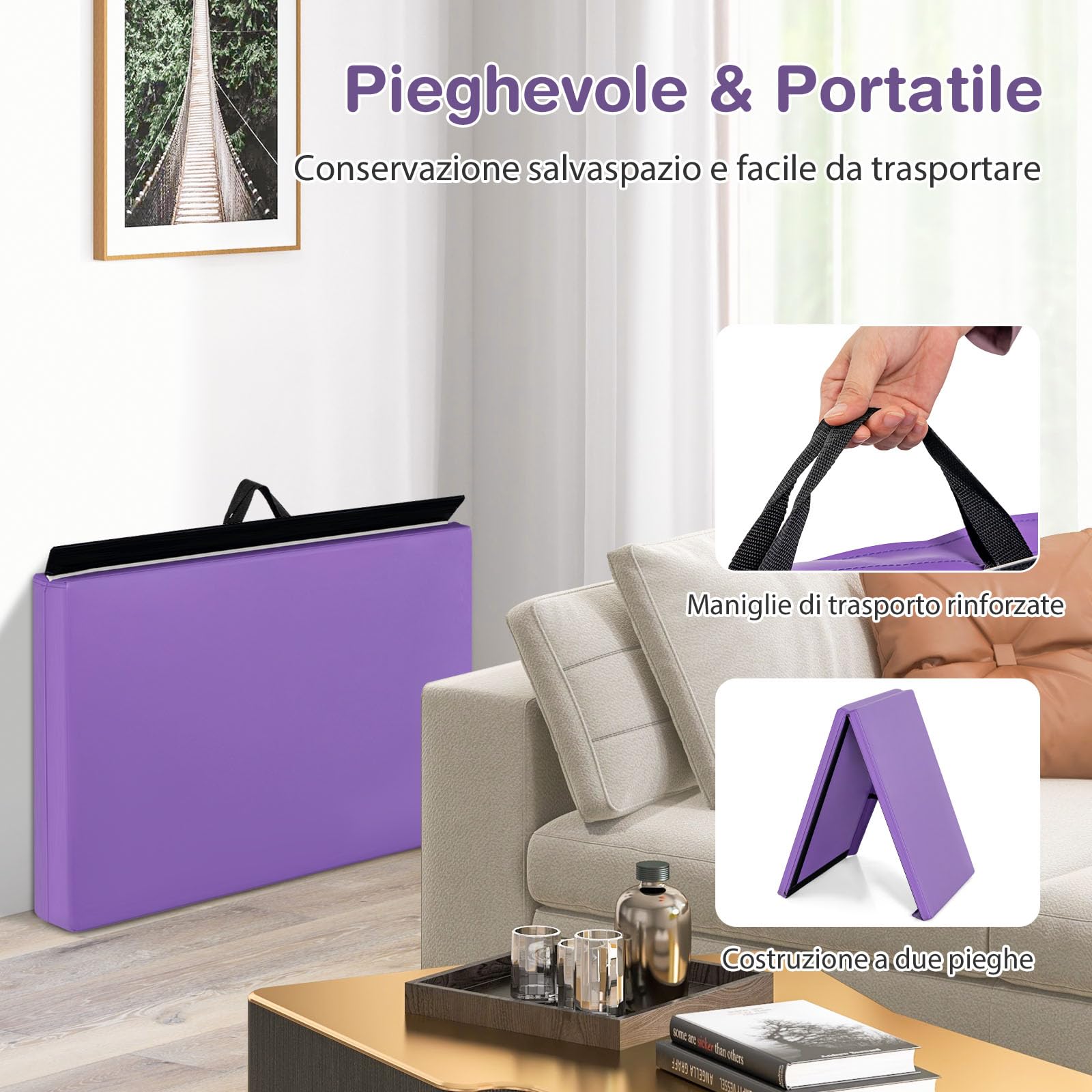 GYMAX Tappetino da Yoga/Fitness Materassino per Ginnastica, Spesso 5 cm, Manico Portatile e Pieghevole, 180 x 60 x 5 cm