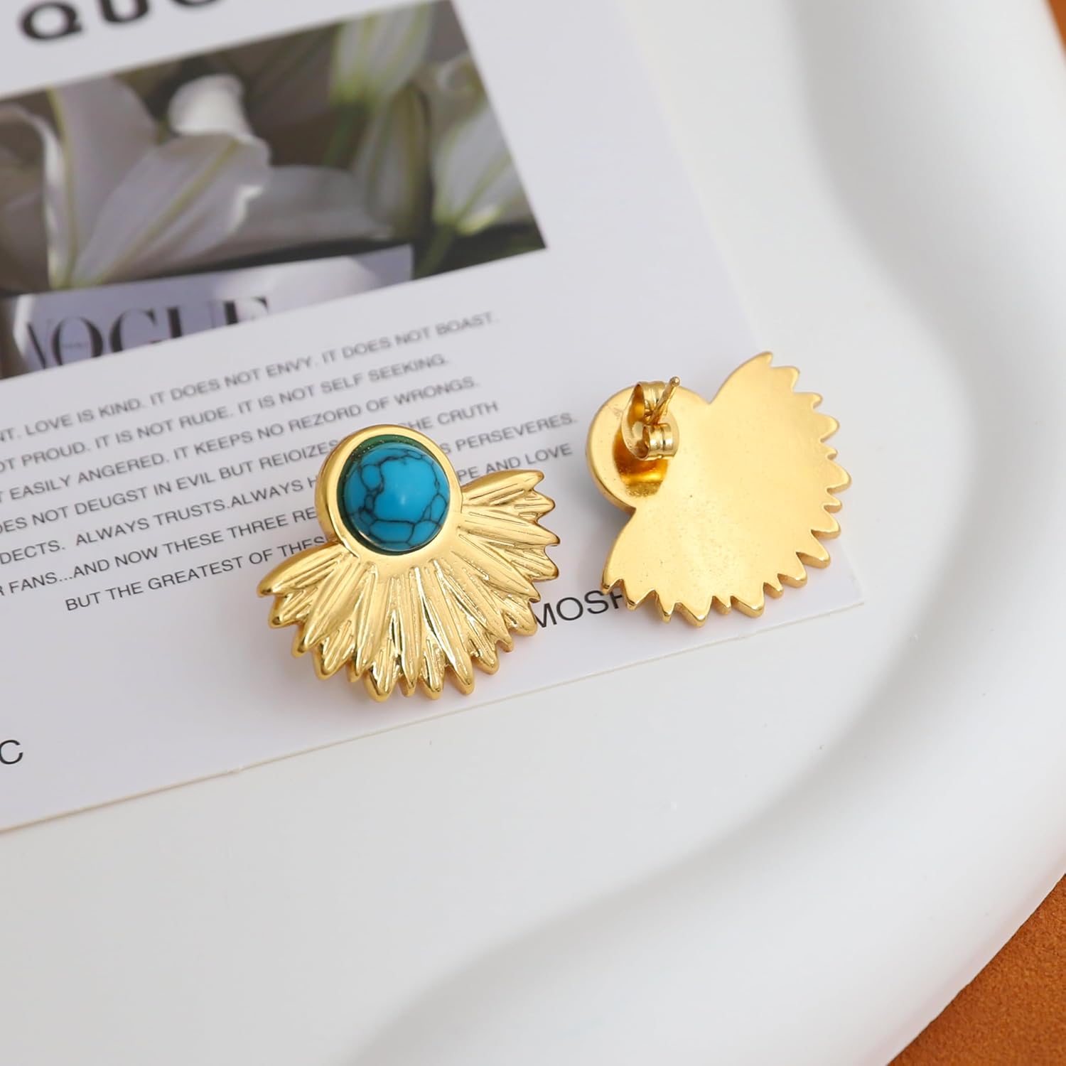 2 Pairs Womens Gold Chunky Earrings,14K Gold Plated Stud Earring Stainless Steel Large Flower Shell Butterfly Bow Earrings Statement Ear Rings - Image 9