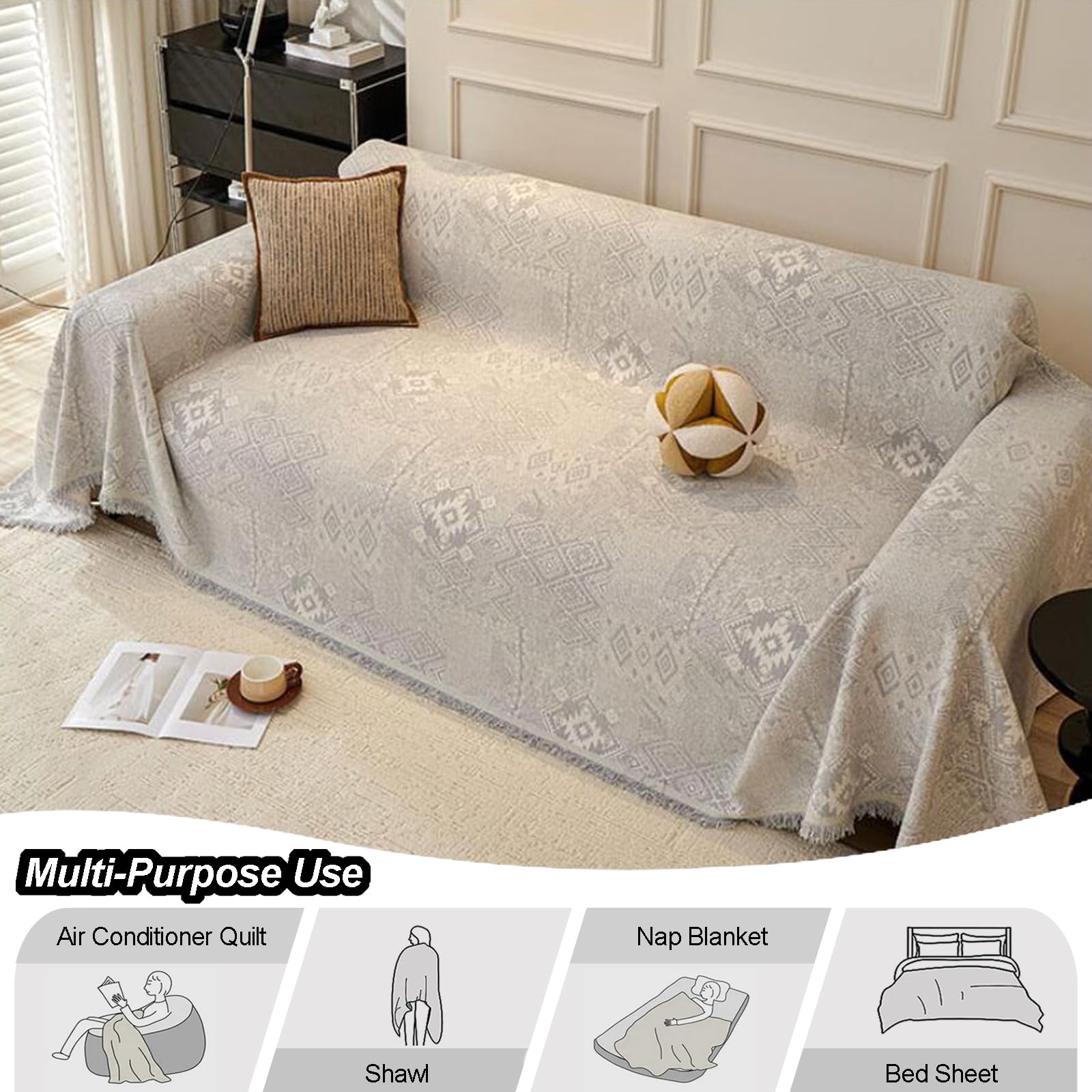 Plaids Jeté De Canapé Vintage Housse De Canapé en Chenille Couverture De Canapé Toutes Saisons pour CanapéS 1 2 3 4 Places Serviette De Canapé d'angle pour Pause DéJeuner(230X260cm,Gray)