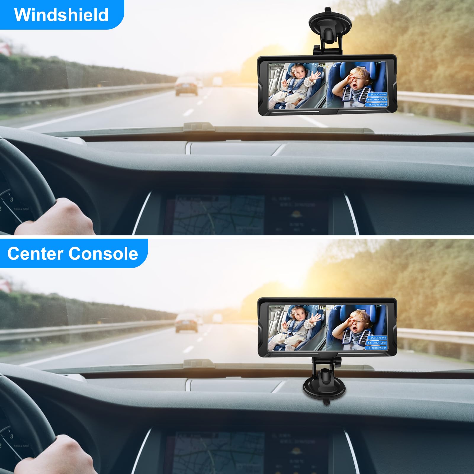 Shkalacar Cámara para Bebé para Coche con Canal Doble, 6,8 Pulgadas y 1080P, con 2 Cámaras de Visión Nocturna por Infrarrojos y ángulo de Visión Amplio de 150° para Asiento Orientado hacia Atrás