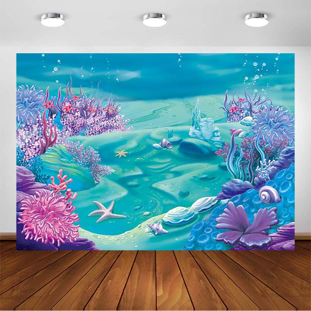 Avezano Under The Sea Mermaid Backdrop Deep Blue Sea Castle Shell Photography Background Child Kids Mermaid Themed Birthday Party Decoration Backdrops (7x5ft)