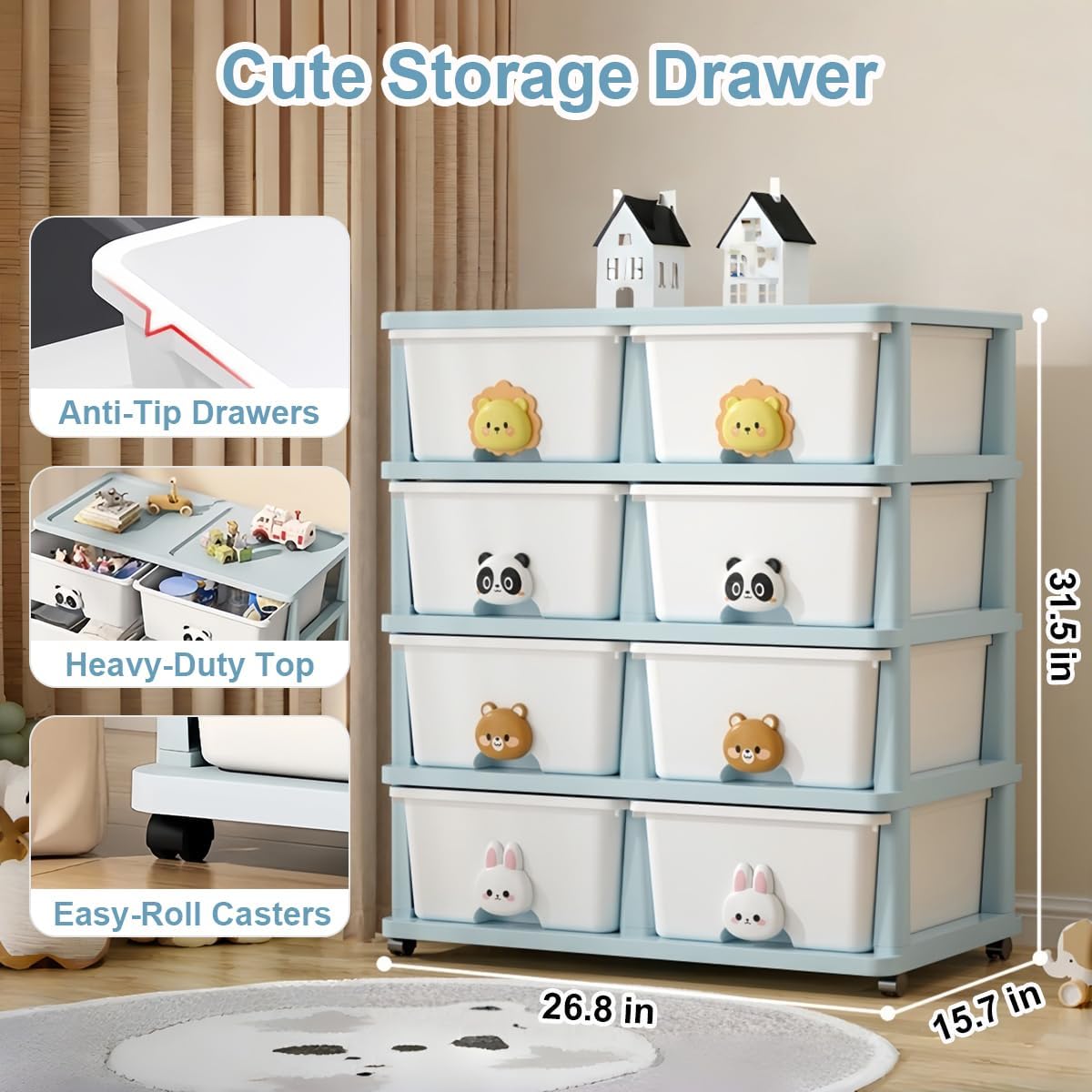 Plastic Storage Organizer With 4 Drawer,Rolling Storage Cart with Removable Wheels, White Bin Drawers for Bedroom, Bathroom, Home Office, and Dorm Room,