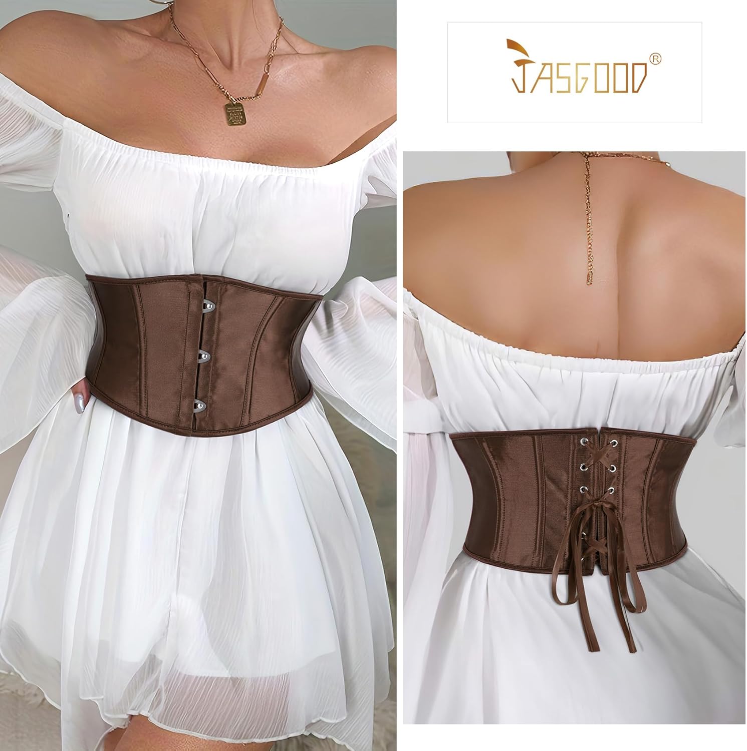 JASGOOD Corset Wide Belt for Women Boned Lace Up Underbust Renaissance Steampunk Pirate Halloween Belt,Coffee - Image 2