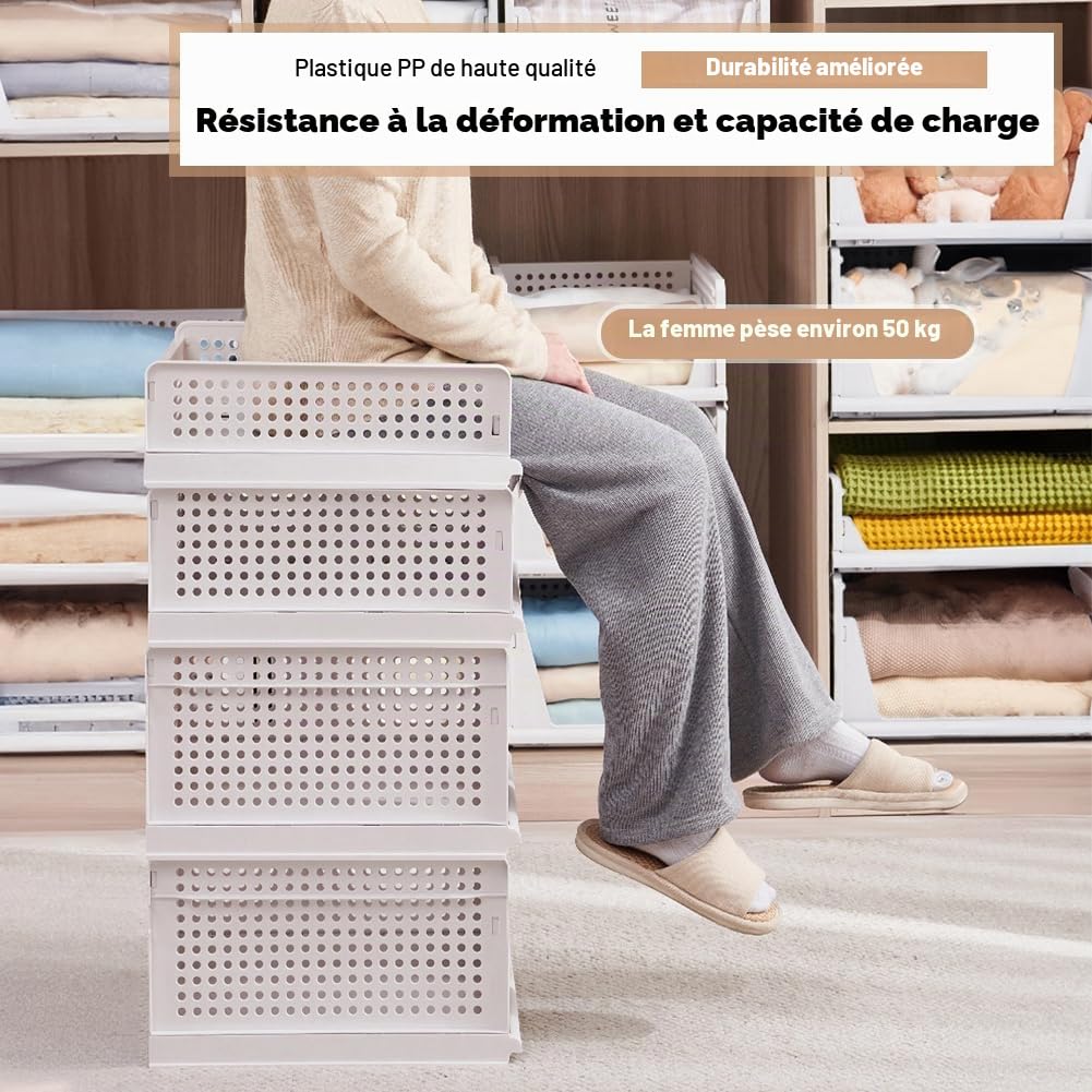 Lot de 3 boîtes de rangement pliables en plastique empilables pour vêtements, chambre à coucher, cuisine, salle de bain