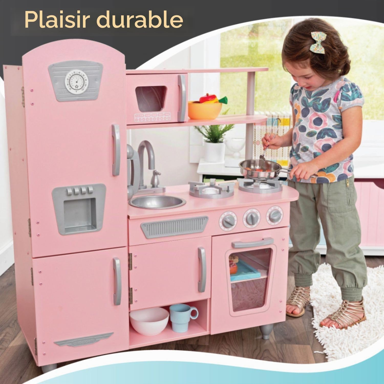 KidKraft Cuisine Enfant en Bois Vintage Rose, Dinette avec téléphone, Jeu d'imitation, Jouet Enfant dès 3 Ans, 53179 [Exclusif Amazon]