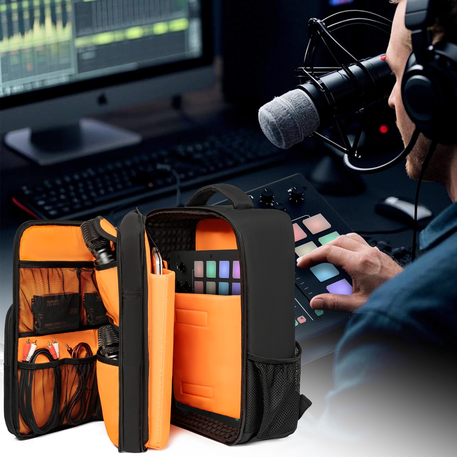 GMAK Mochila mezcladora de audio compatible con RODECaster Pro, RODECaster Pro II, RC Duo, DJ Mixer bolsa de viaje con un montón de bolsillos, bolsa protectora para mezcladores de audio para cables,