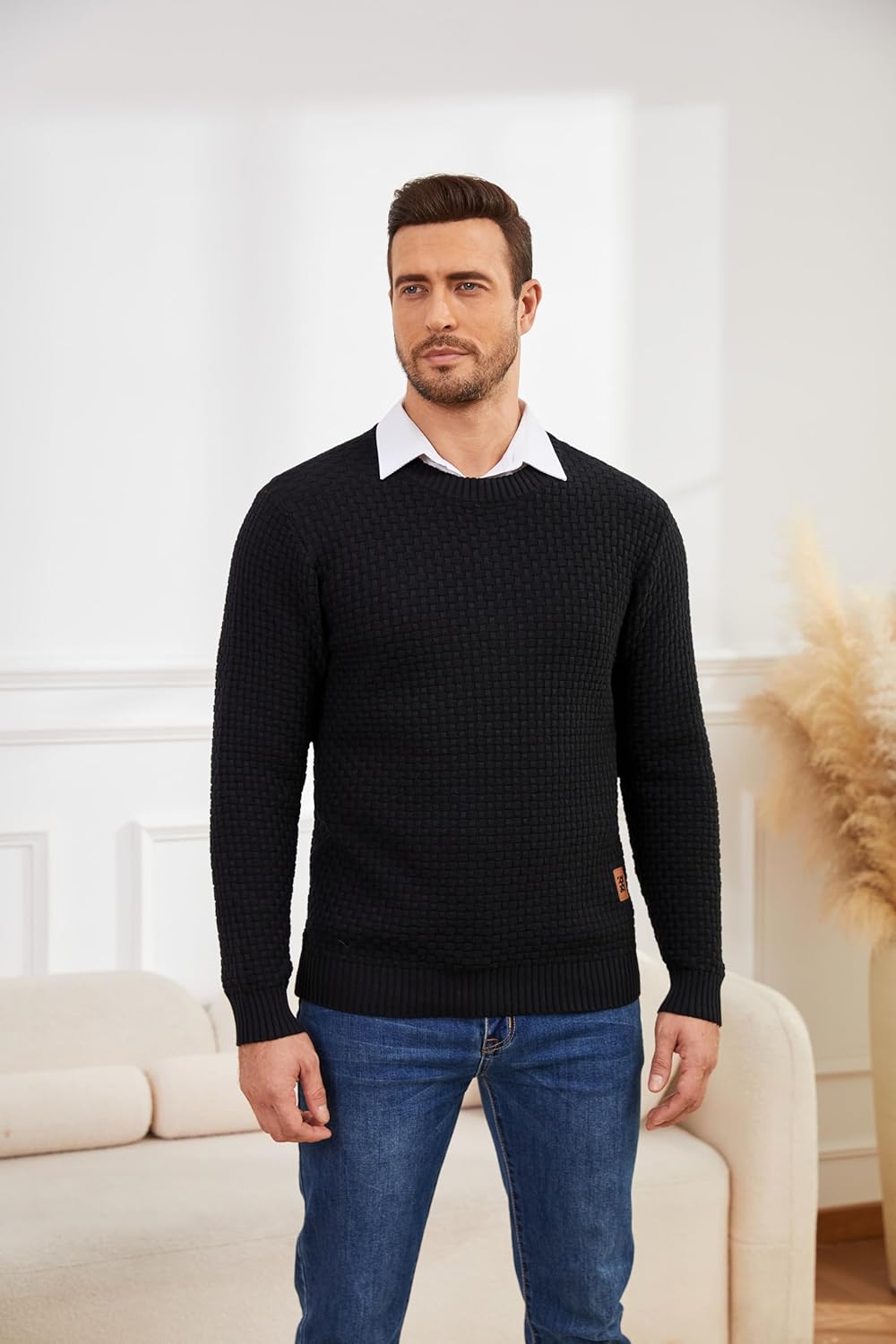 Zaitun Men's Crewneck Sweater Pullover Long Sleeve Solid Waffle Knitted Pullover Casual Sweaters - Image 2