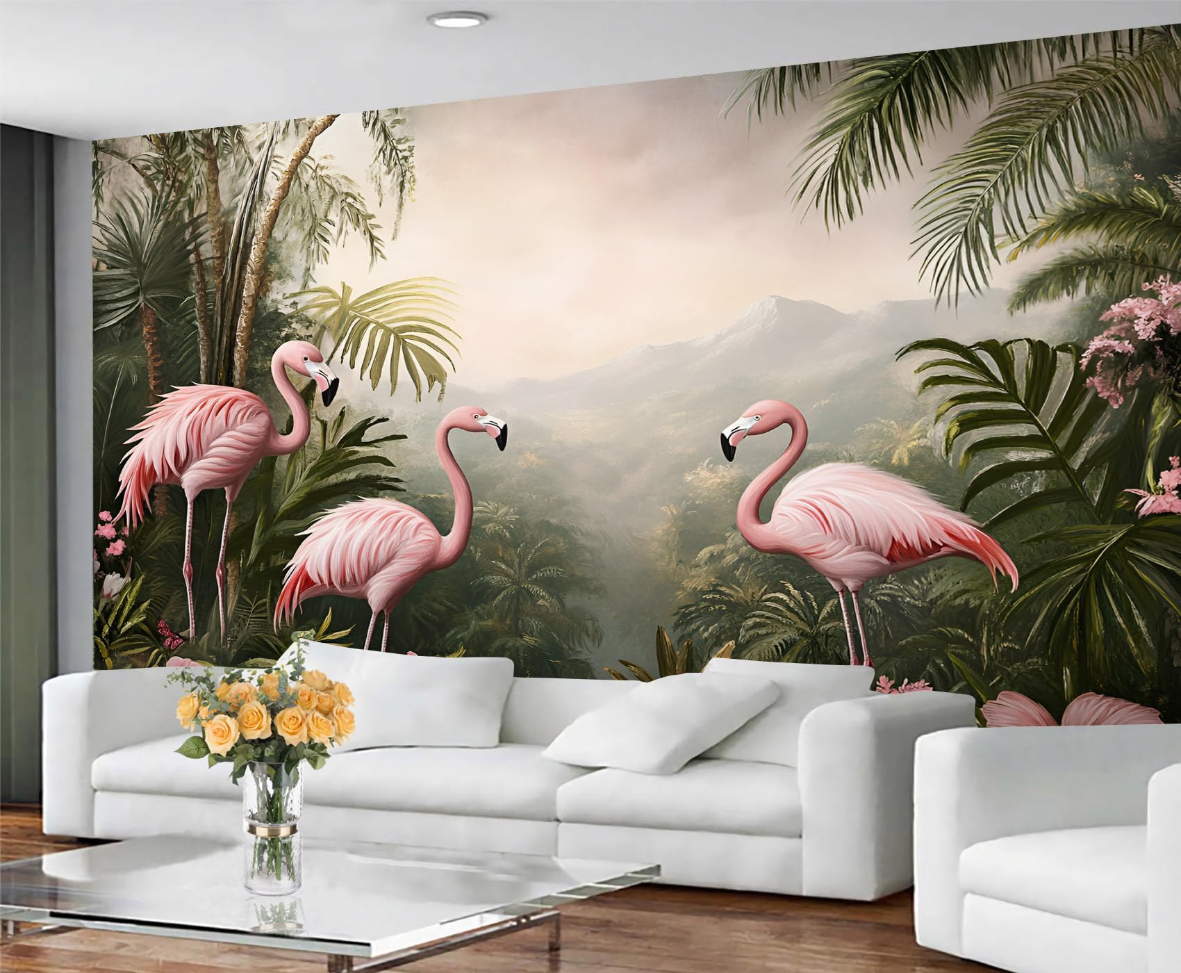 GIVLWF Wallpaper Tropical Bedroom Wallpaper Murals, Jungle Landscape Wall Paper for Living Room, Pink Birds Wall Paper - Not Self Adhesive Misty Forest Large Mural & Room Decor