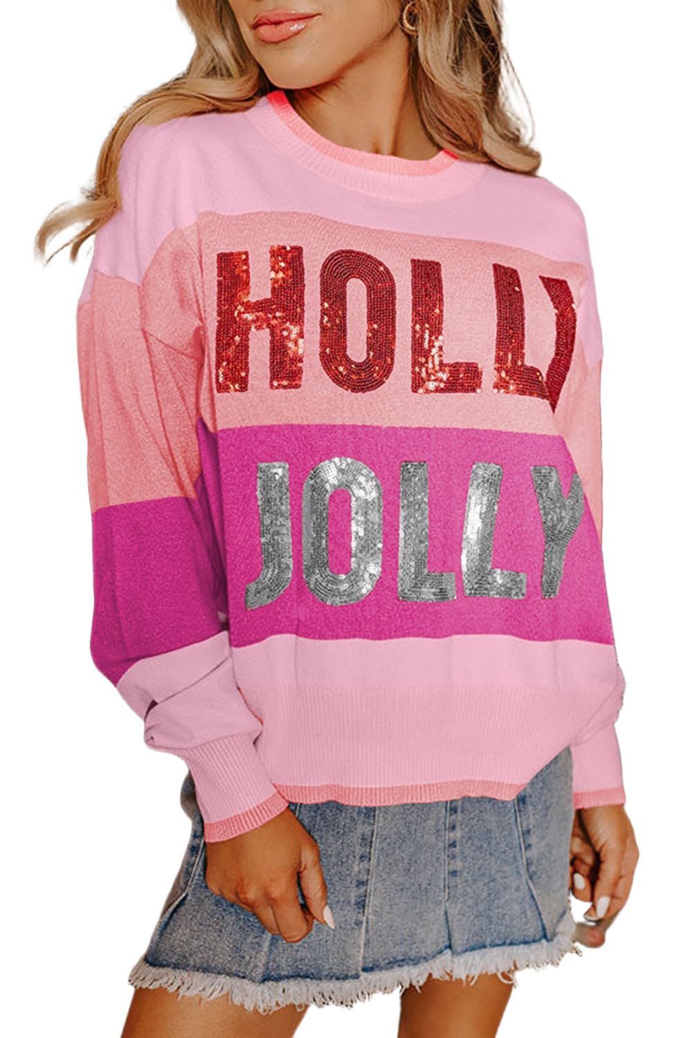 Apvirdy Womens Sequined Holly Jolly Sweater Crewneck Long Sleeve Knit Pullover Drop Shoulder Color Block Sweaters