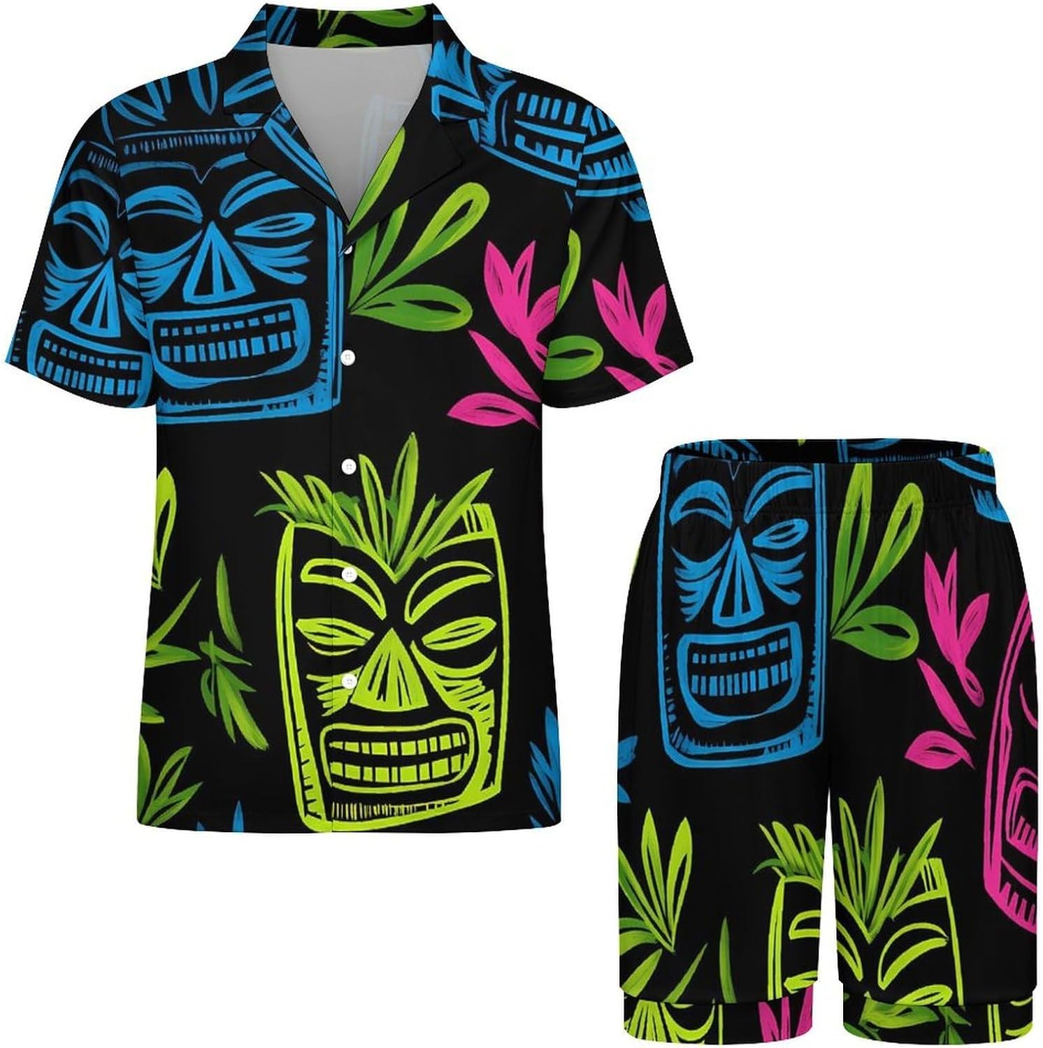 Hawaii Tiki Masks Men's Short Sleeve Pajama Set Satin Silk Like Lounge Sleepwear