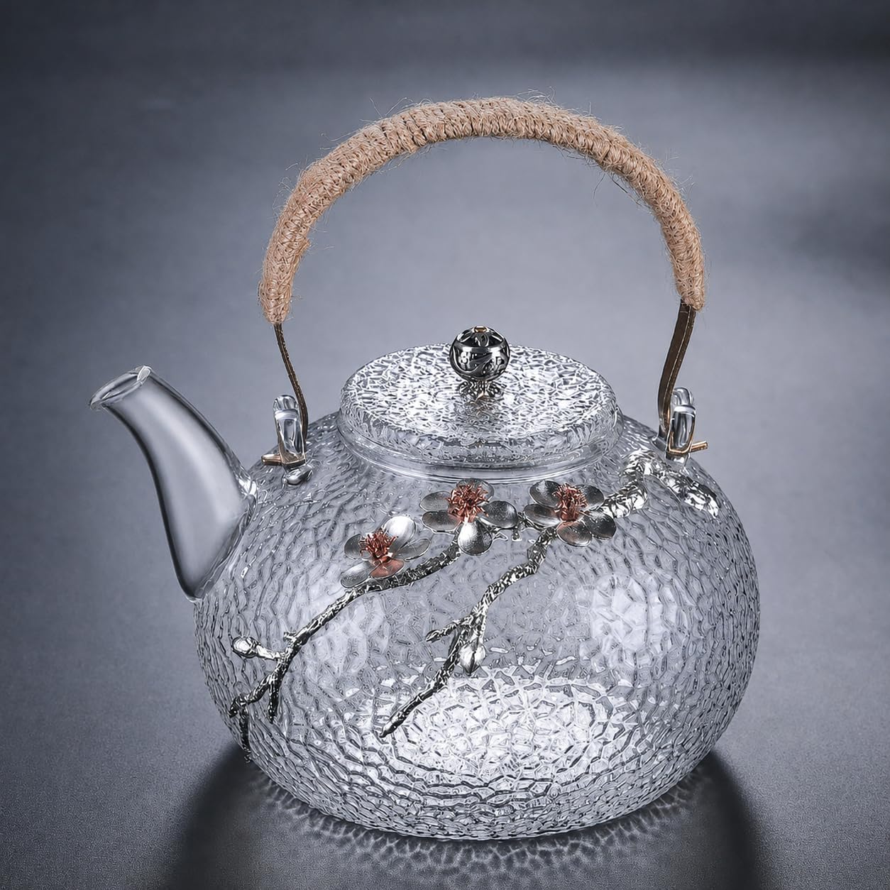 Japanese Style Hammered Glass Teapot with Plum Blossom Decor 900ml (Removable Infuser)