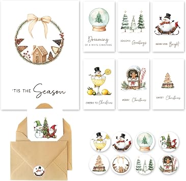 C2U Christmas Cards with Envelopes & Stickers - 24 Pack 4"x6" Assortment Boxed Holiday Card - Thoughtful Gift Idea for Friends and Family - Perfect for Happy Holidays, New Years,Xmas Xmas Cards
