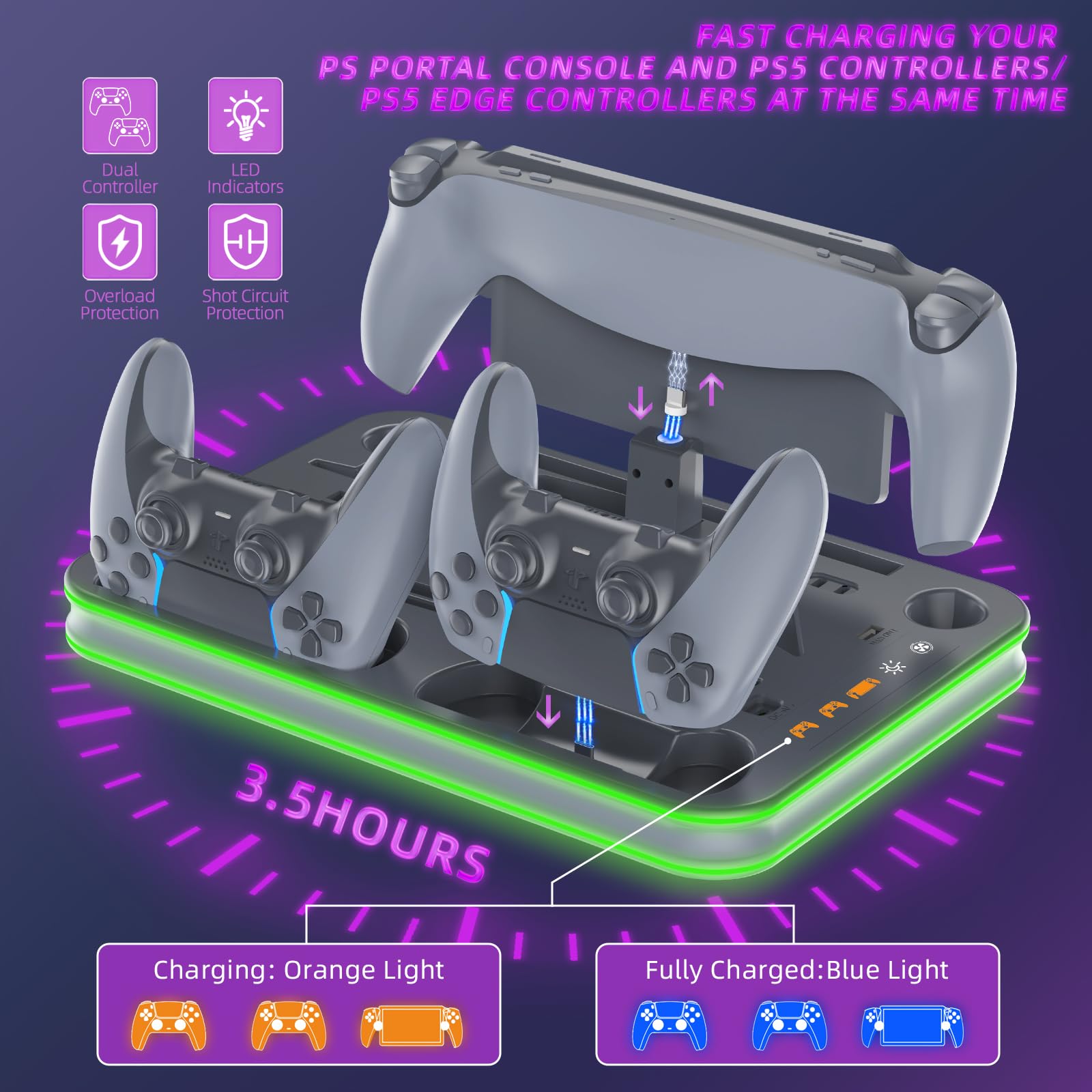 Dock di ricarica compatibile con portale e controller PS, supporto PS5 Pro e stazione di raffreddamento con dock di ricarica LED RGB, controller PS5 Edge, cuffie e supporti per telecomando