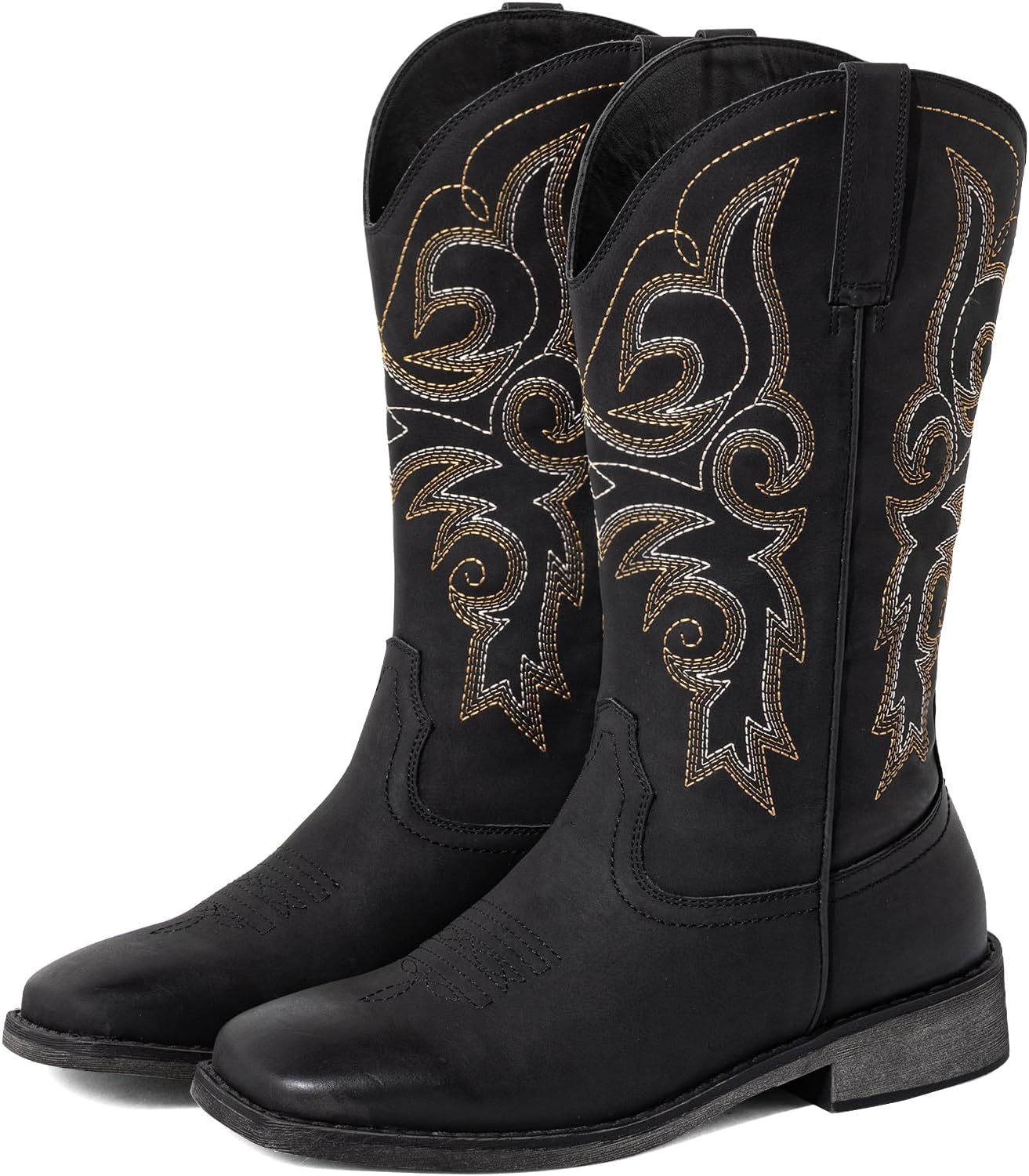 SheSole Wide Calf Cowboy Boots Women Square Toe Western Embroidered Mid Calf Cowgirl Boots, Pull On & Padded Insole Low Heel Fashion Boots for Country Concerts & Work Casual Everyday Style