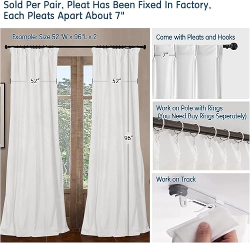 Miniatura 5 de LETAU Cortinas opacas plisadas con forro de 108 pulgadas de largo, cortinas térmicas con peso de terciopelo de lujo, 52 pulgadas de ancho x 108