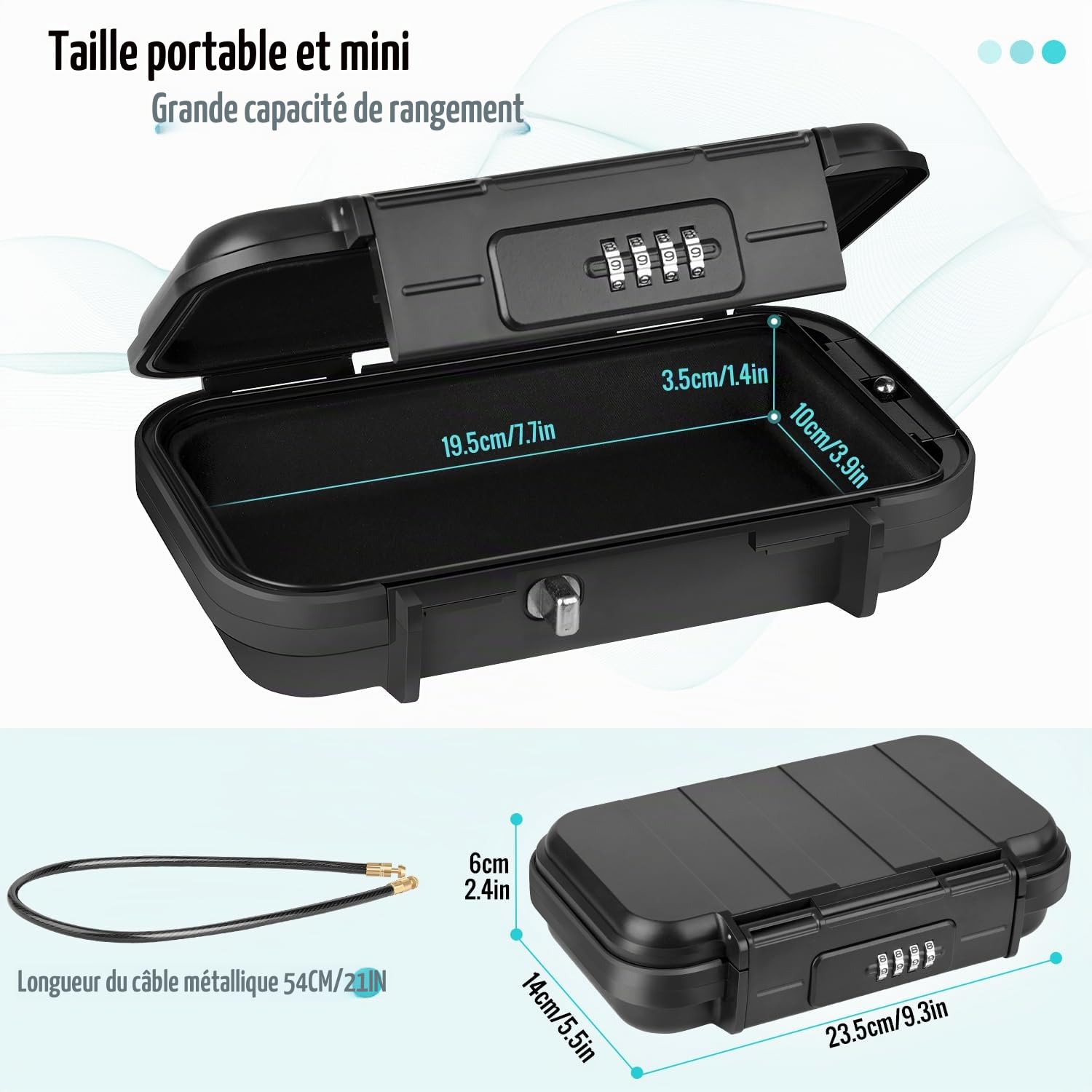 Coffre-fort Portable Sécurisé Mini Coffre Fort de Voyage Étanche Antivol avec Câble Métallique Amovible pour La Maison, Bureau, Hôtel, Voyages, etc.(Noir)