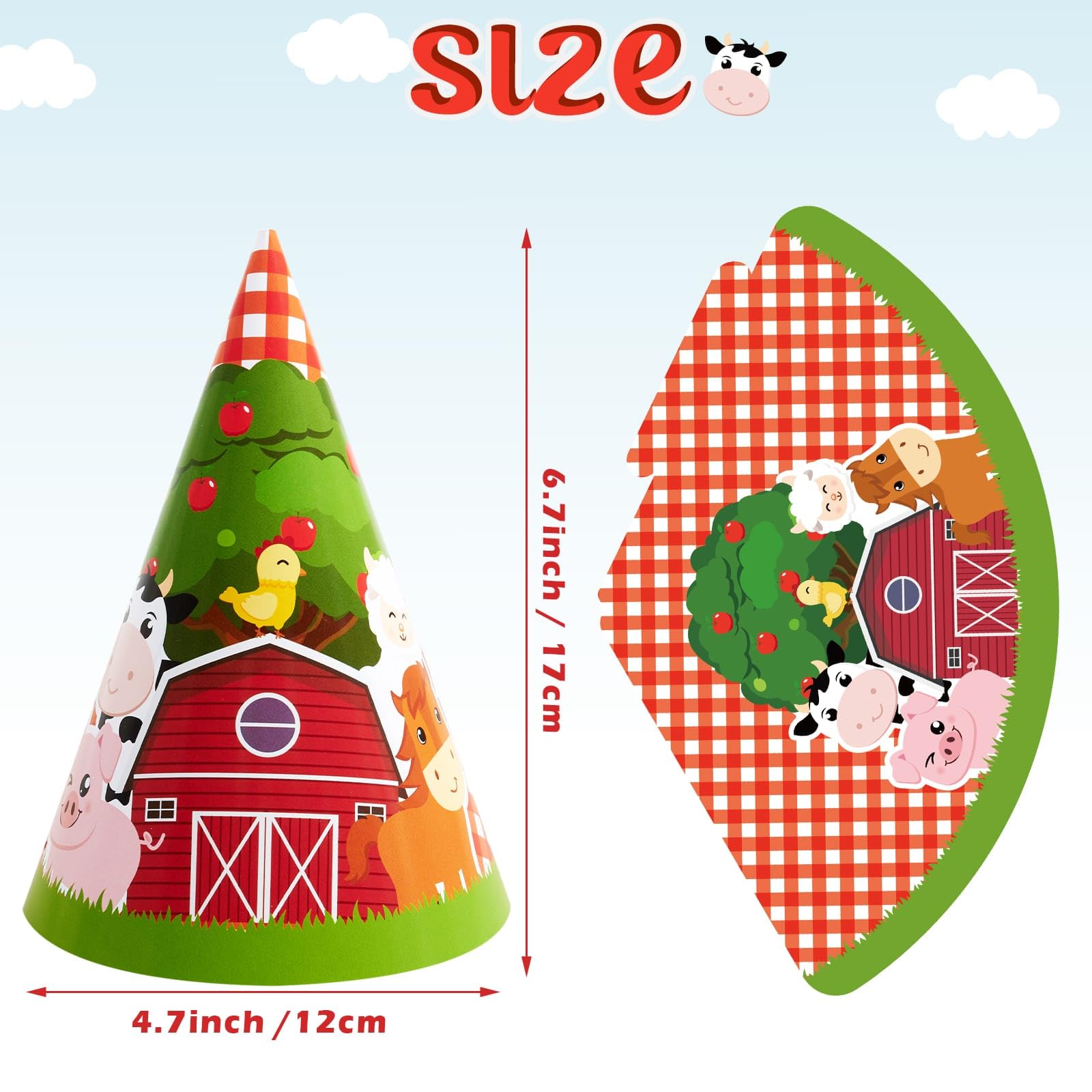 WERNNSAI 12 Pcs Farm Birthday Party Hats - Farm Animal Party Decorations Farm Themed Costume Headwear Farmhouse Barnyard Paper Cone Hats for Kids Birthday Baby Shower Party Favor