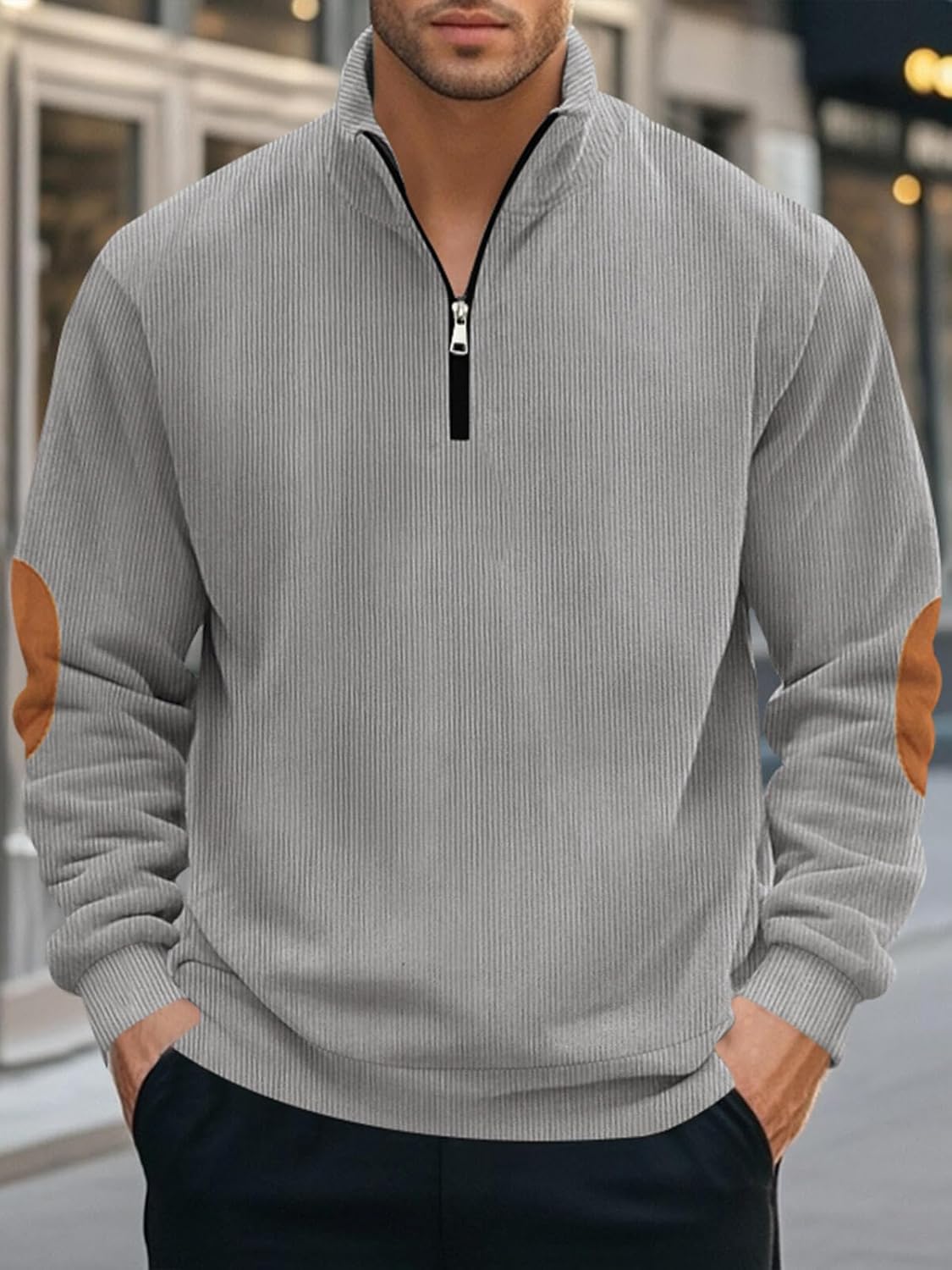 TAFLE Men's Quarter Zipper Pullover Corduroy Mock Neck Sweatshirt Spring Autumn Casual Knit Long Sleeve Polo Shirt - Image 2