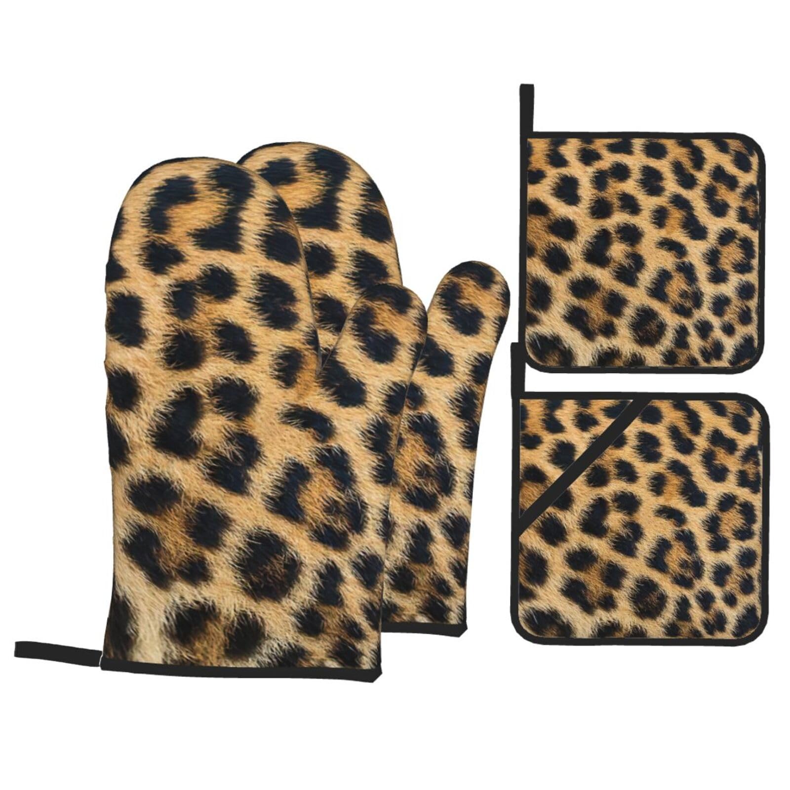 Nimongt Black Rough Leopard Print Print Heat-Resistant 4-Piece Oven Kitchen Gloves For Baking Cooking Microwaving Essentials