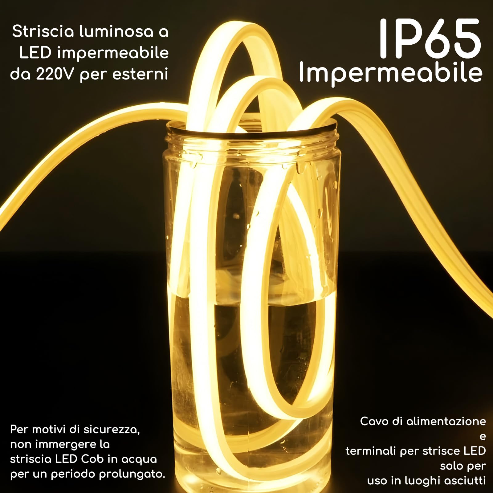 Striscia LED COB 220V IP65,per Interni ed Esterni(3000K, led striscia 10m) | 240 LED/m per una luce continua da circa 780 lm/m con consumo di 10 W/m; flessibile e adatta a cucina, camera, bar e terrazza