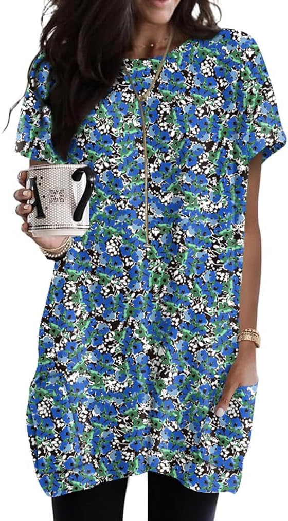Poetsky Summer Womens Tunic Tops for Leggings with Pockets Short Sleeve Casual Long T Shirts S-3XL