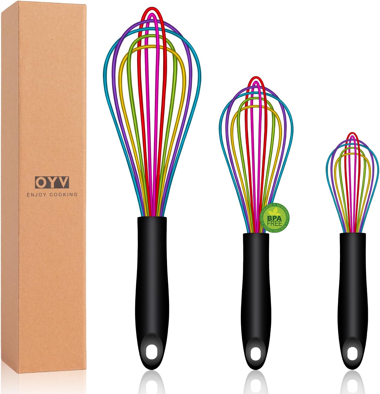 OYV Dishwasher Safe Colorful Silicone Whisk, Sealed Waterproof Design Set of 3, Professional Kitchen Whisks for Cooking Non-Scratch, Silicone & Stainless Steel Whisk, Heat Resistant Balloon Egg Beater