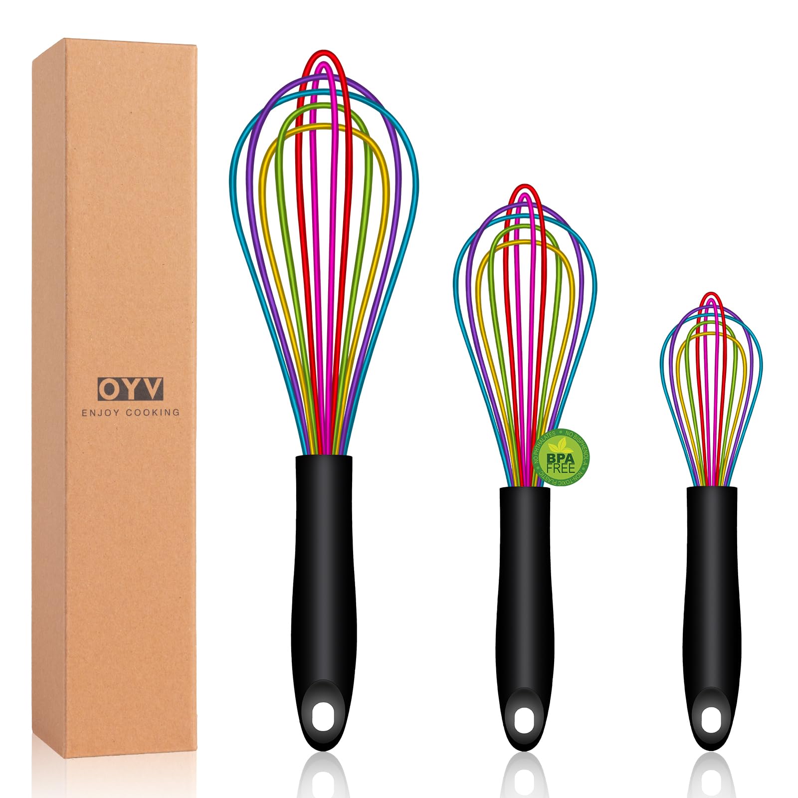 Dishwasher Safe Colorful Silicone Whisk, Sealed Waterproof Design Set of 3, Professional Kitchen Whisks for Cooking Non-Scratch, Silicone & Stainless Steel Whisk, Heat Resistant Balloon Egg Beater