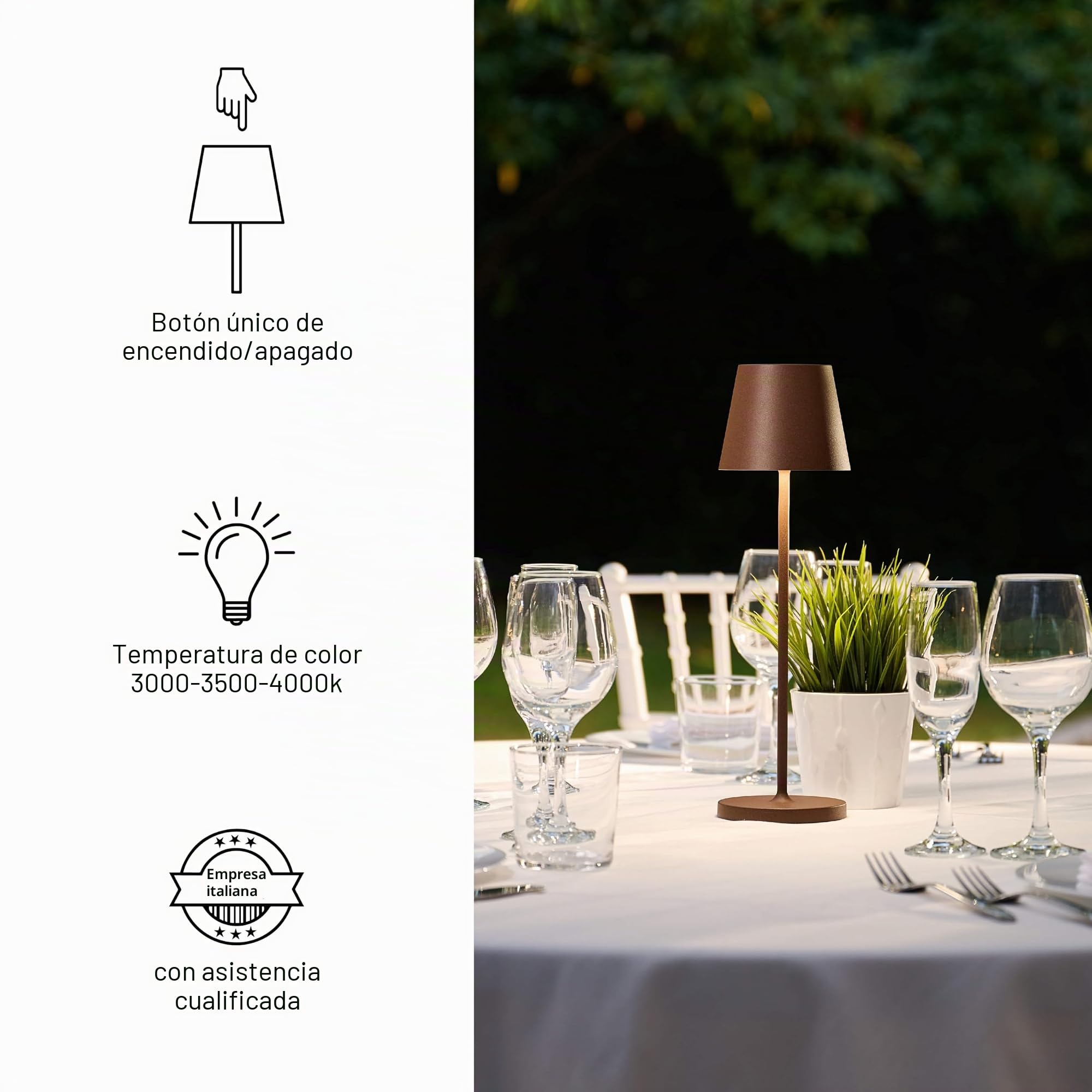 SuzieV Lámpara de Mesa LED Recargable y Regulable, Abat-Jour Inalámbrico, Aluminio, Uso Interior/Exterior, 48h de Autonomía, 3 Temperaturas de Luz, Mineral Corten