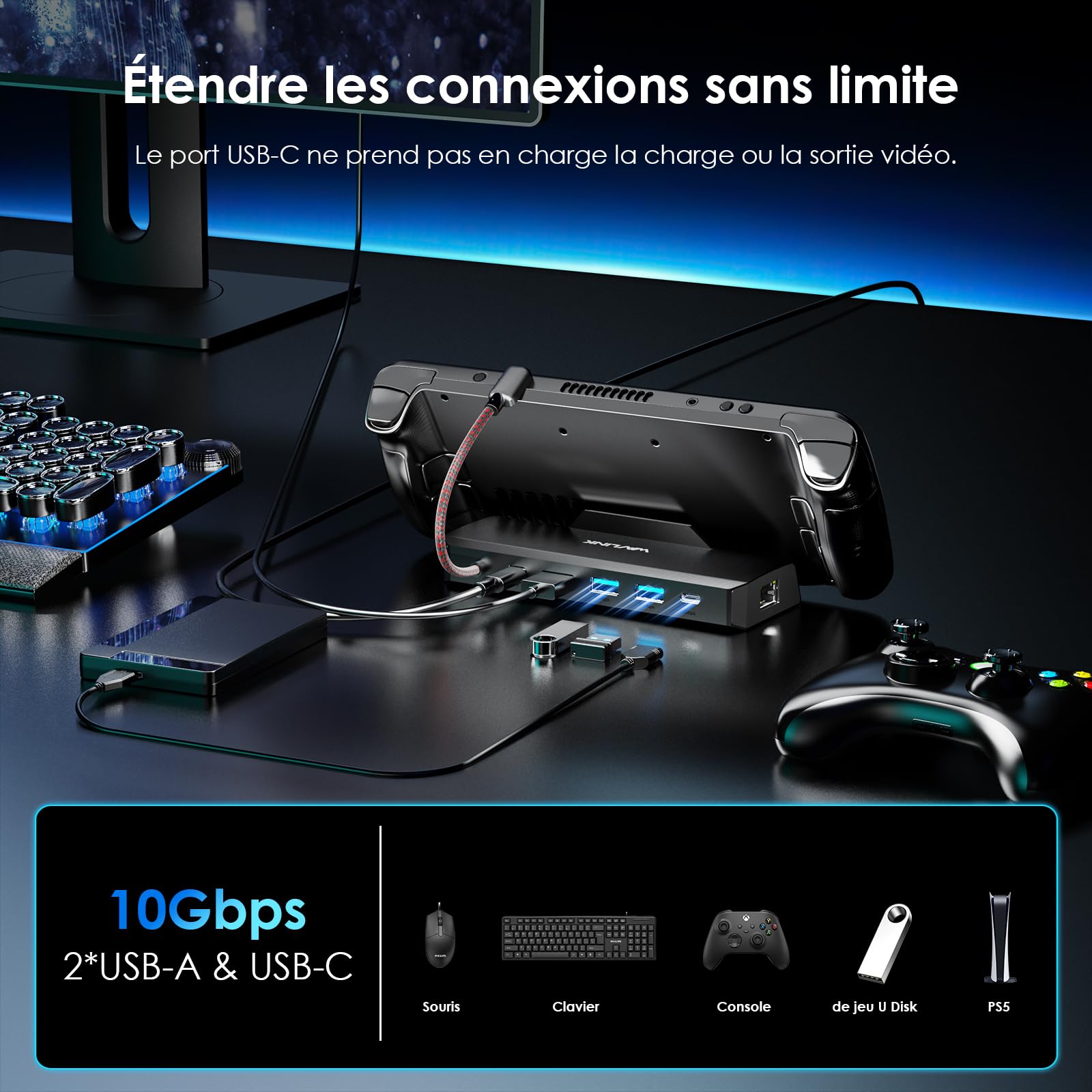 WAVLINK Steam Deck Dock, Station d'accueil 6-in-1 pour Steam Deck/ROG Ally avec HDMI 2.1 4K@144Hz, 100W PD in, 3X 10G USB 3.2, Gigabit RJ45