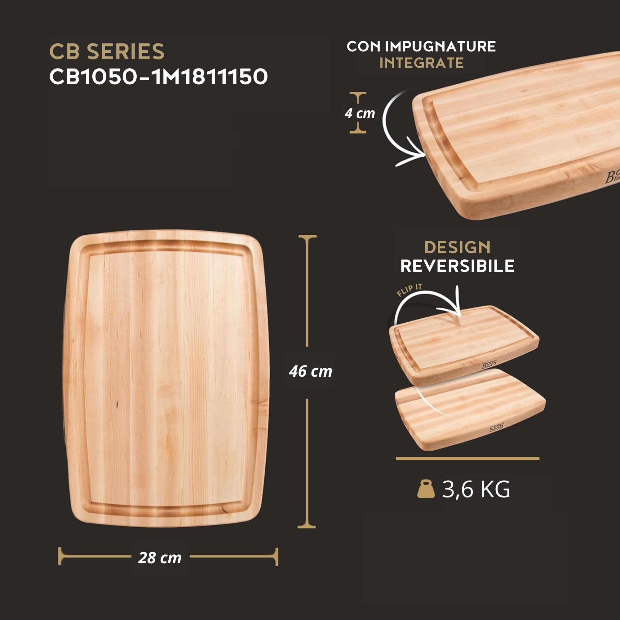Boos Block Tagliere Con Scanalatura Del Succo - 45,7 x 27,9 x 3,8 cm | Tagliere In Legno Di Acero Duro Nordamericano - Tagliere Da Cucina Professionale - Antibatterico - Tagliere xxl