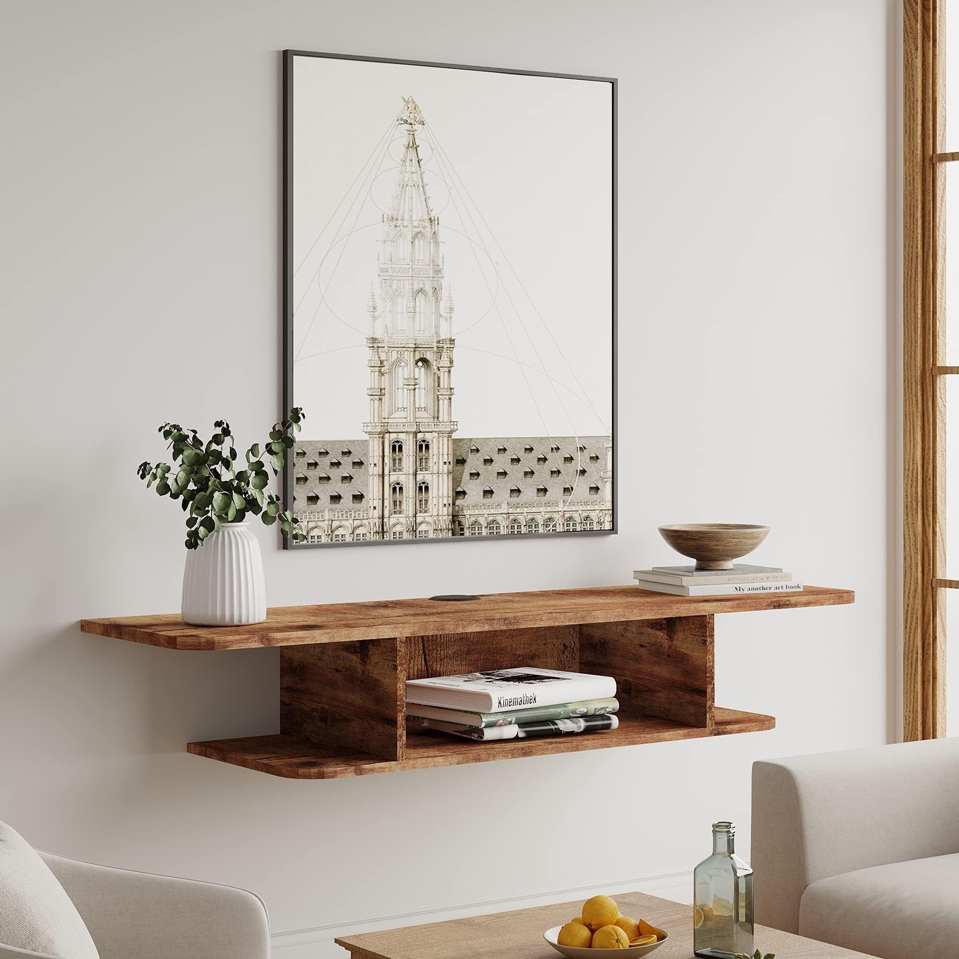 FITUEYES Floating TV Stand Wall Mounted, 41.3" Small Media Shelf Under TV with Cable Management for Living Room, Rustic Brown