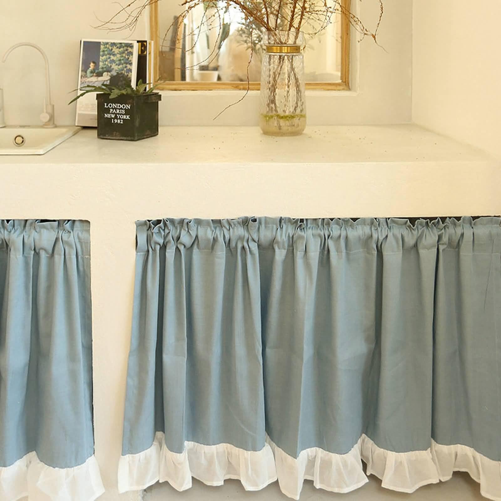 Tenture Occultante Thermique, 1 Pièces Rideaux Occultants Isolant Thermique Anti Froid, Rideaux pour Salon et Chambre Couleur Unie avec Bordure à Volants, Bleu Ciel Blanc, 140x150cm