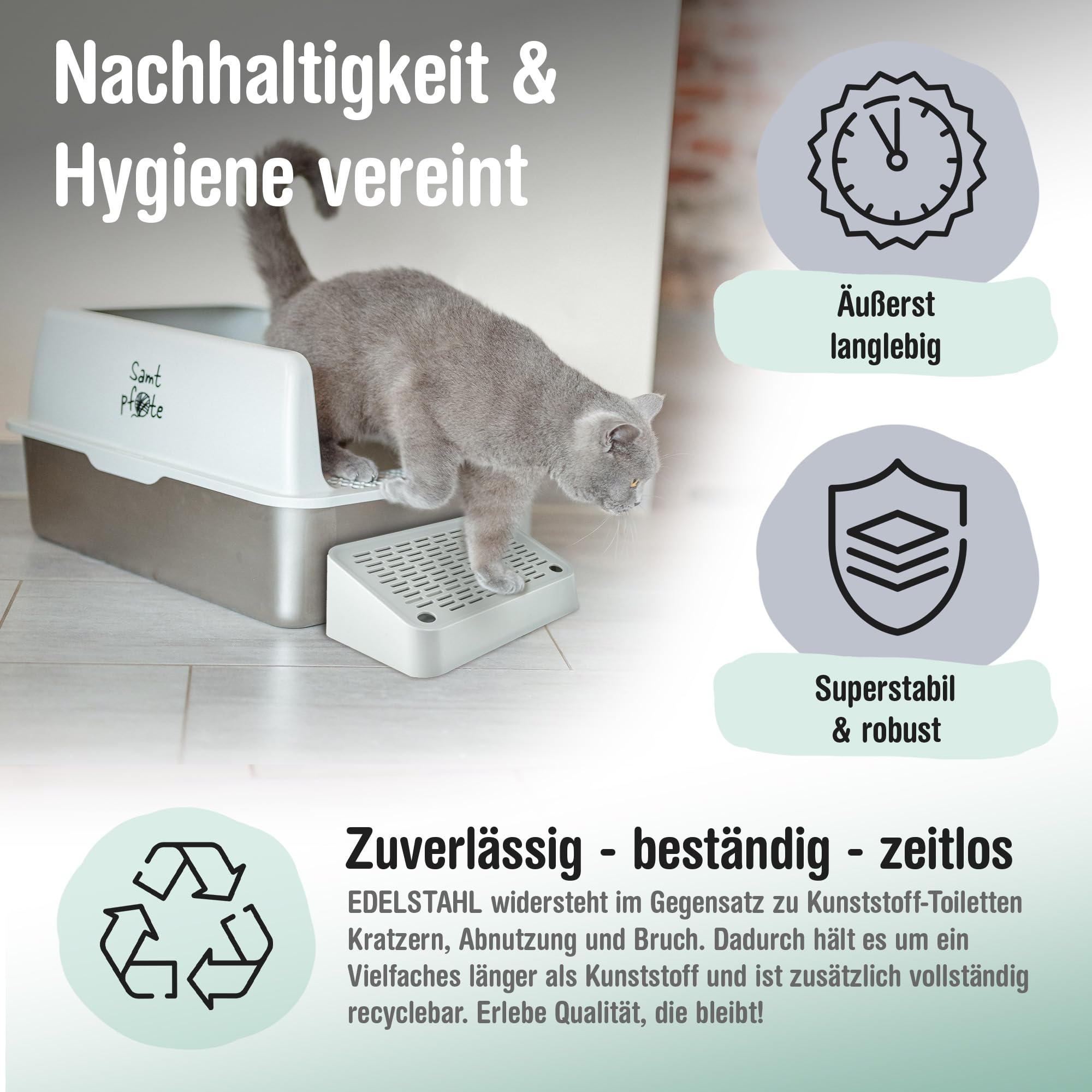 Samtpfote® Vista- Offenes Katzenklo aus Edelstahl - XL Katzentoilette mit Spritzschutz - Fronteinstieg -Auslaufsicher - Antibakteriell - Hygienisch - Leichte Reinigung - 60 x 40 x 30 cm Cat Litter Box