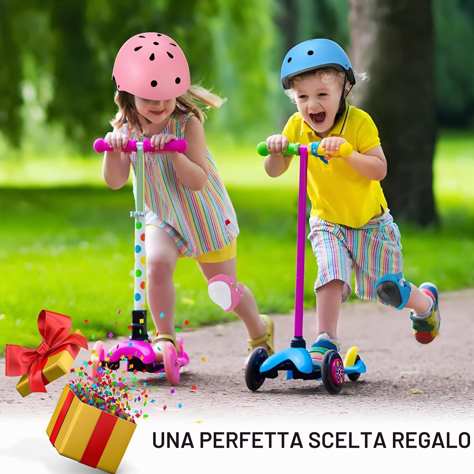 Set di casco protettivo per bambini con casco regolabile, ginocchiere, gomitiere e poggiapolsi per pattinaggio, bicicletta, pattinaggio, scooter e altri sport all'aria aperta
