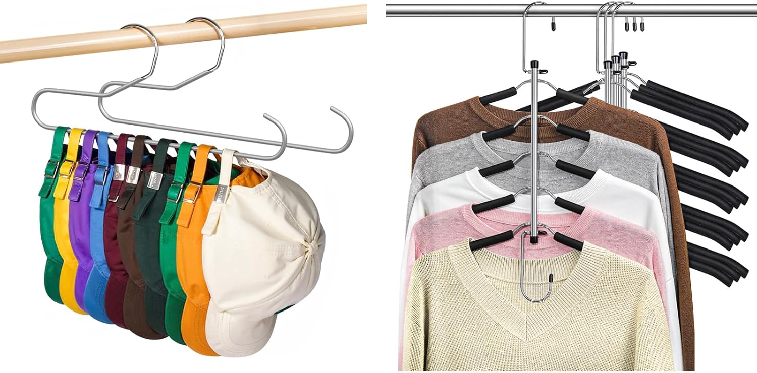 Clothes Hangers Space Saving Shirt Hangers Non Slip Shirt Organizer for Closet Black 4 Pack, Hat Storage Organizer for Baseball Caps Non Slip PVC Coating Hat Rack Hangers for Closet Grey 2 Pa