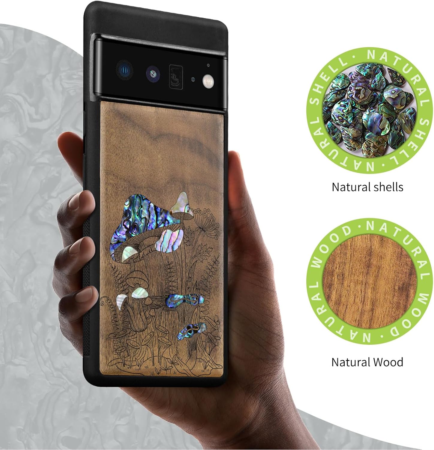 Carveit Designer Wooden Case for Google Pixel 6 Pro Case Cover [Wood Engraving & Shell Inlay] Compatible with Wireless Chargers Pixel 6 Pro (Vintage Mushrooms-Walnut)