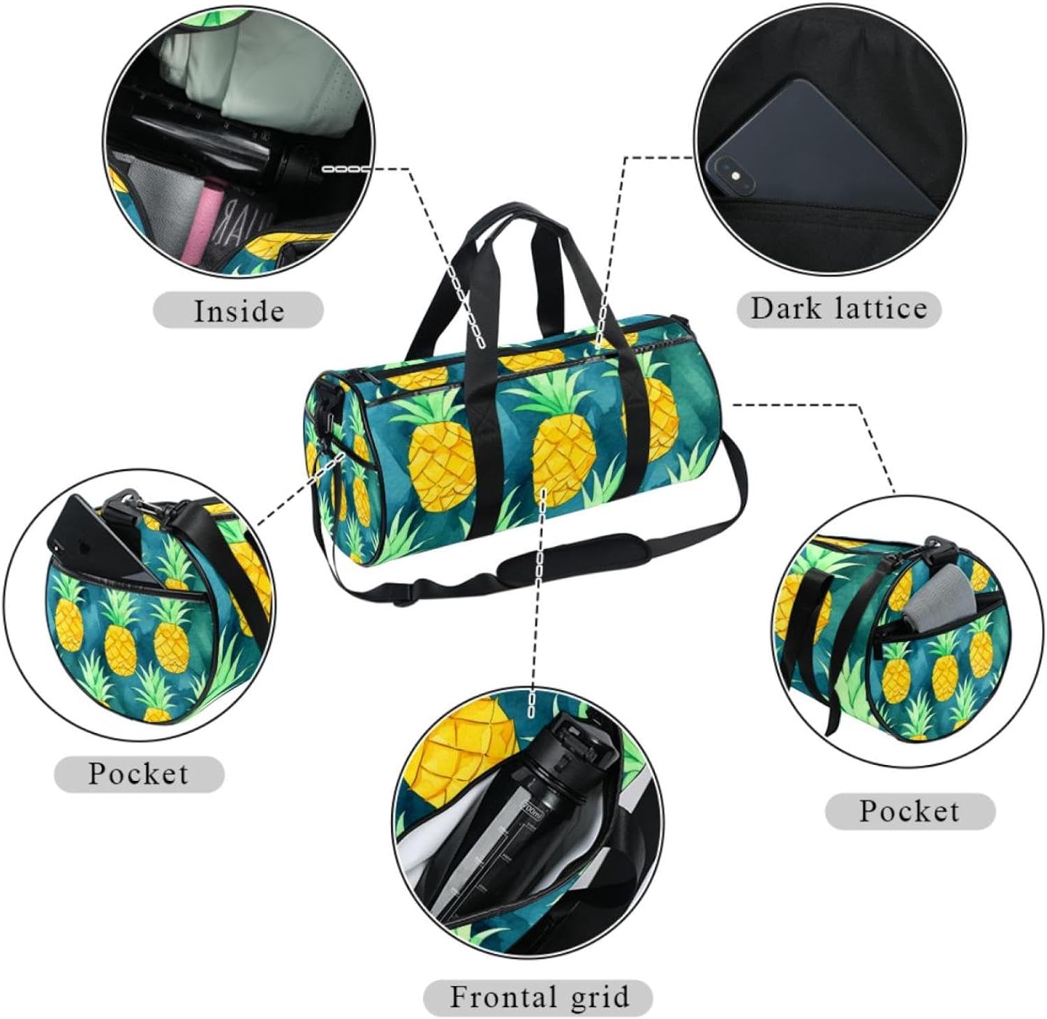 Gym Bag for Women,Small Gym Bag for Men,Floral Gold Fruit Pineapple,Overnight Bag