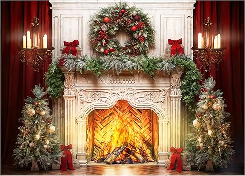 WOLADA Telón de fondo de fotografía de chimenea de Navidad, mantel vintage con corona, velas encendidas, árboles de Navidad y escena de fuego cálida