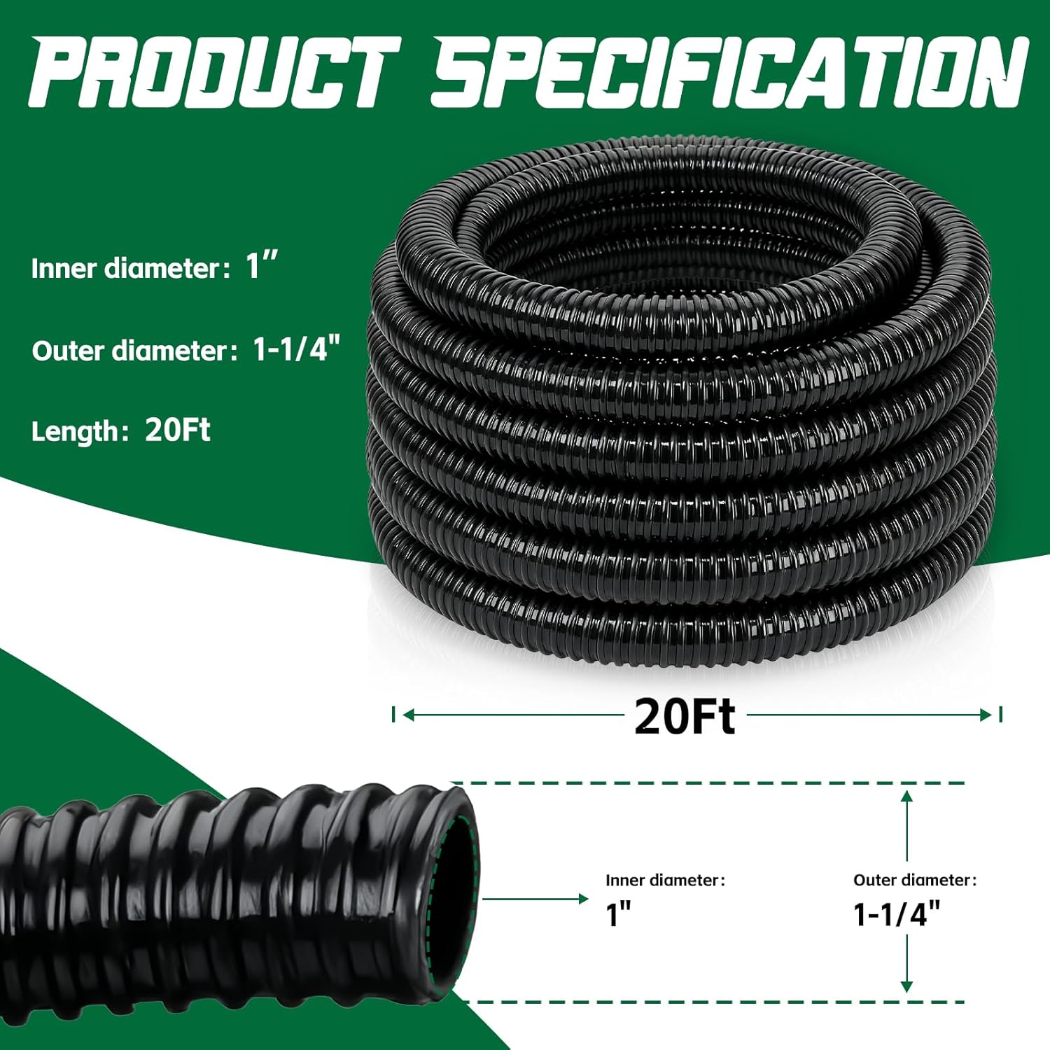 Pond Tubing 1” × 20 Feet Black Flexible PVC Pond Hose,Garden PVC Tube - Reinforced, Kink-Resistant Tubing for Pumps, Fountains & Waterfalls, with 4 Clamps,1" Dia