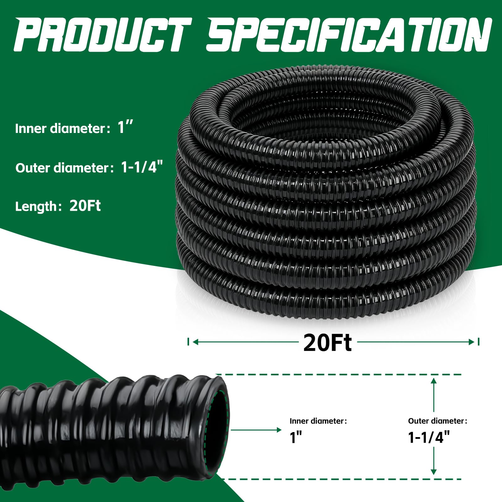 Manguera flexible de PVC corrugado de 1 pulgada x 20 pies, tubo de PVC reforzado y resistente a las torceduras para bombas, fuentes y cascadas, con 2 abrazaderas, 1 pulgada de diámetro.