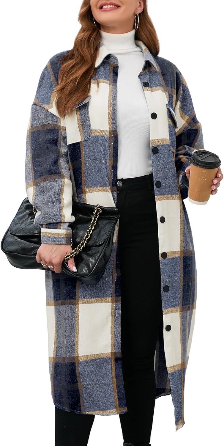 ZOMVA 2025 Women's 0X-5X Plus Size Long Flannel Plaid Shacket Jacket Oversized Button Down Coats Shirts with Pockets