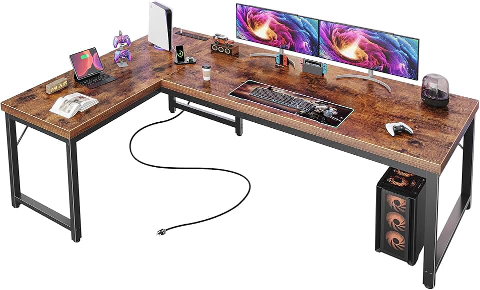 Huuger 63 Inch L Shaped Desk with Power Outlets and USB-C Port, 0.95 Inch Thicker Desktop, Reversible Computer Desk, Larger Office Corner Gaming Desk, Metal Frame, for Home Office, Study, Rustic Brown