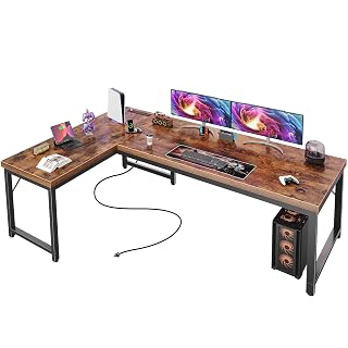 Huuger 63 Inch L Shaped Desk with Power Outlets and USB-C Port, 0.95 Inch Thicker Desktop, Reversible Computer Desk, Larger Office Corner Gaming Desk, Metal Frame, for Home Office, Study, Rustic Brown - Amazon product rated Grade A