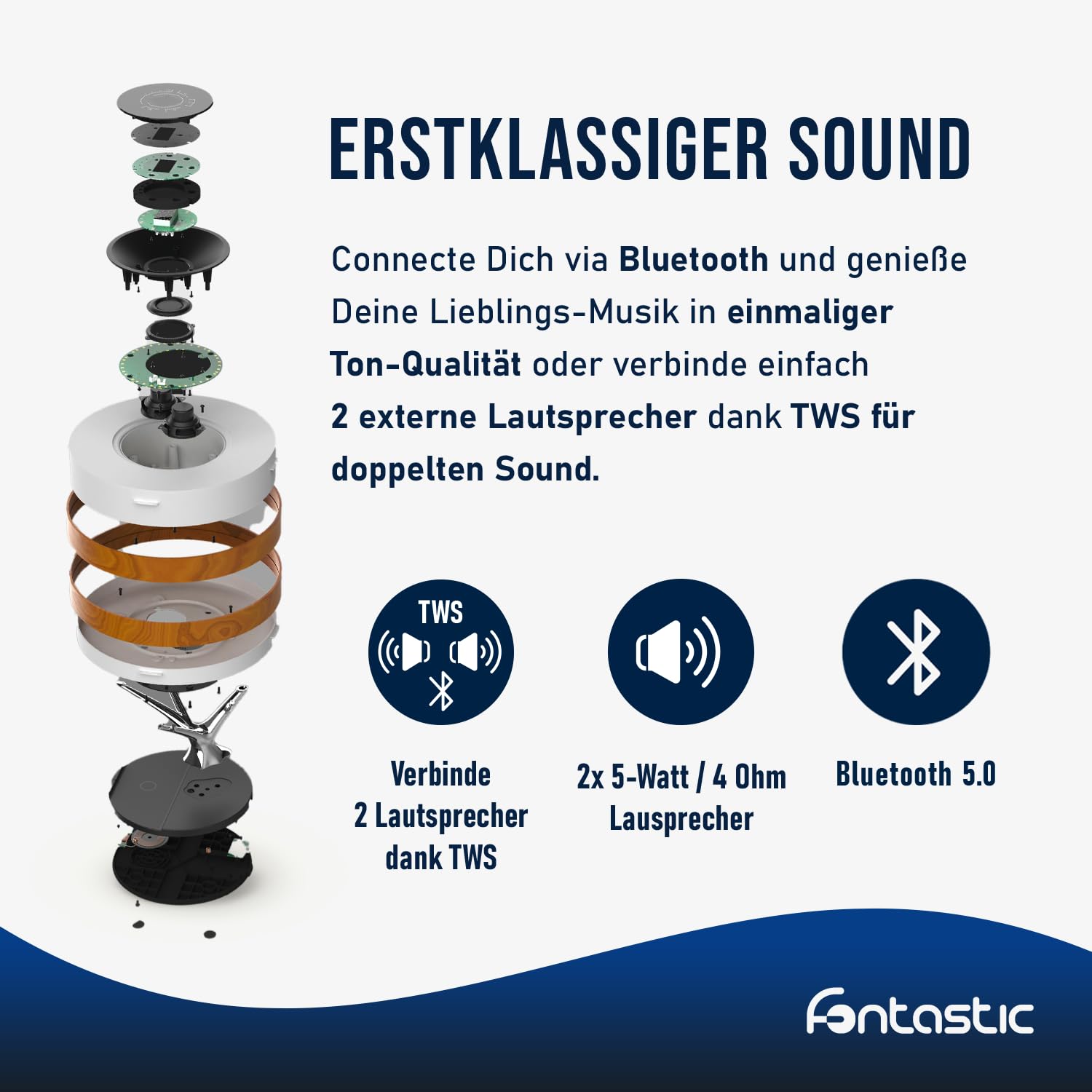 Fontastic „Icona“ LED Nachttischlampe Touch dimmbar, multifunktionelle Tischlampe mit kabelloser Ladefunktion, Bluetooth Lautsprecher und Timer, Designer-Tischleuchte inkl. TWS-Speaker